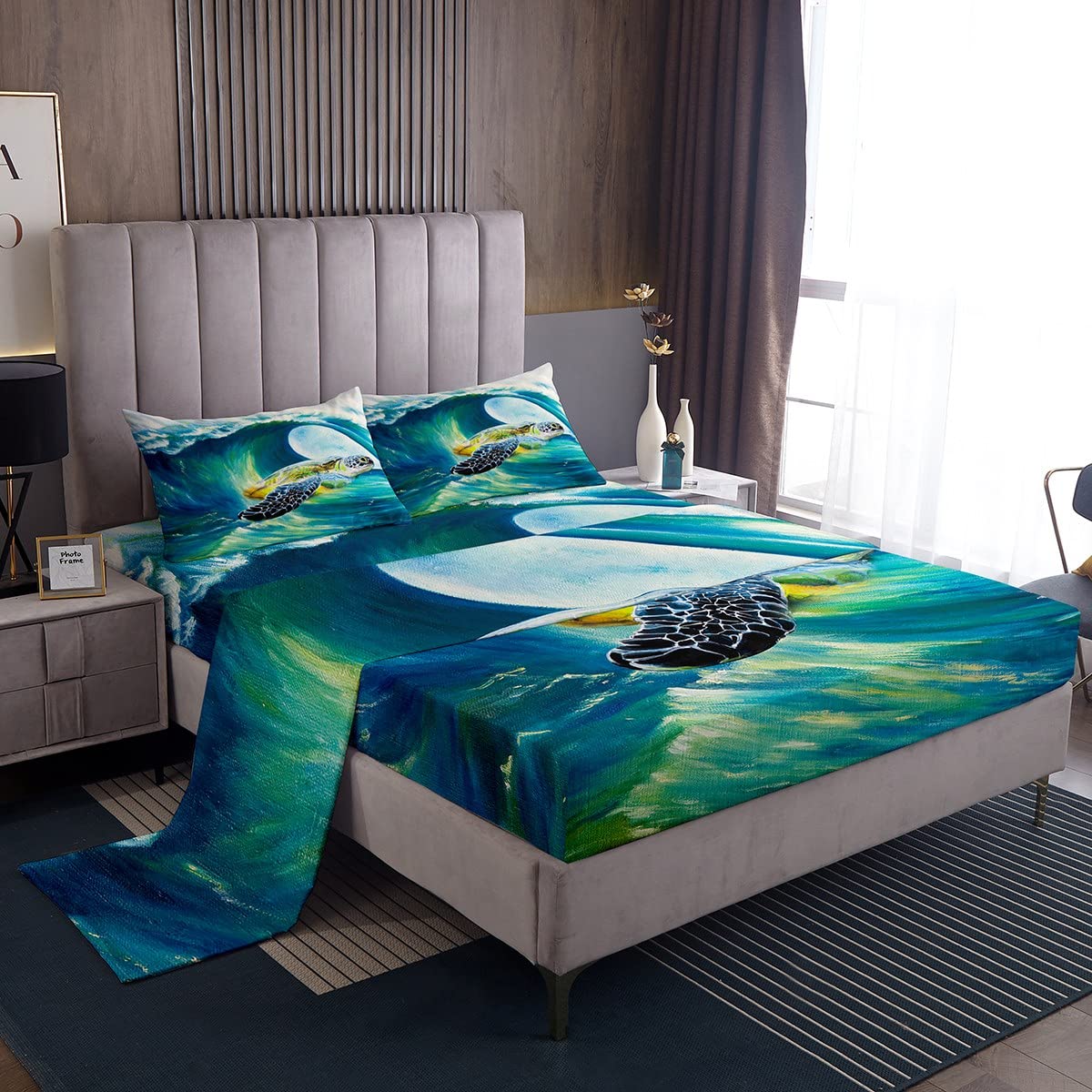 Sea Turtle Fitted Sheet Set with 2 Pillowcases - Ocean Themed Luxury Microfiber Bedding for Teens & Adults - Queen Size Reptile Sea Creature Design - Perfect for Beach House, Kids Room or Coastal Decor