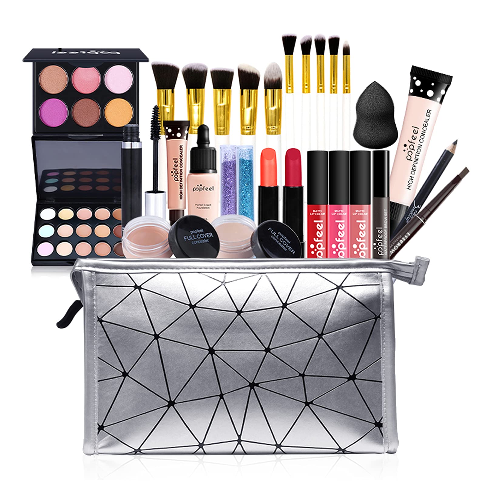All in One Makeup Kit for Women - Complete Cosmetic Starter Set with Makeup Brushes, Eyeshadow Palette, Lip Gloss, Eyebrow Pencil & Mascara - Perfect for Travel, Daily Makeup & Professional Beauty Use (KIT007)
