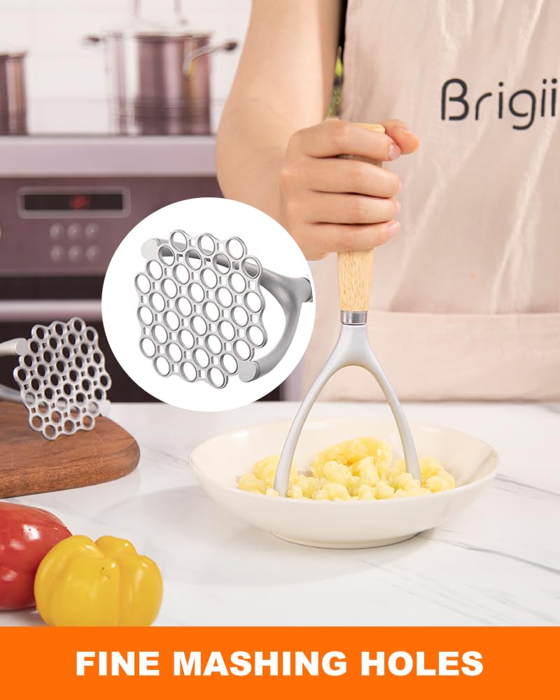 Premium Wooden Handle Potato Masher - Heavy Duty Aluminum Alloy Manual Potato Press & Ricer for Fluffy Mashed Potatoes - Perfect Kitchen Tool for Thanksgiving, Baby Food & Home Cooking