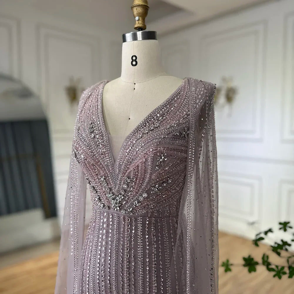 Luxury Dubai Pink Cape Sleeves Beaded Evening Dress for Women - Elegant Wedding Party Gown LA72864 | Perfect for Red Carpet Events, Galas & Formal Occasions
