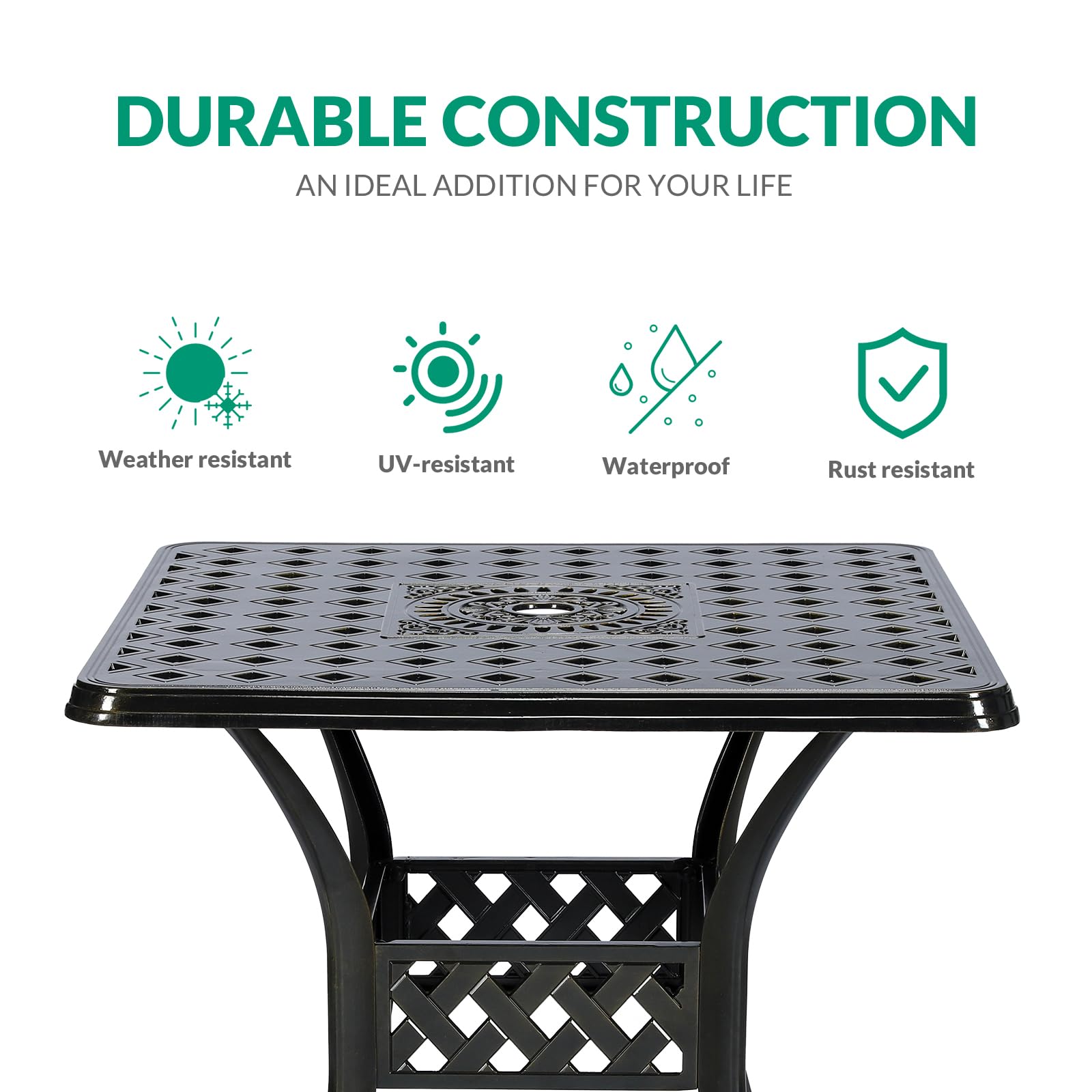 VIVIJASON 30.5 Inch Square Outdoor Patio Dining Table - Bronze Cast Aluminum Weather-Resistant Table with Umbrella Hole - Perfect for Backyard, Garden, Poolside & BBQ Gatherings