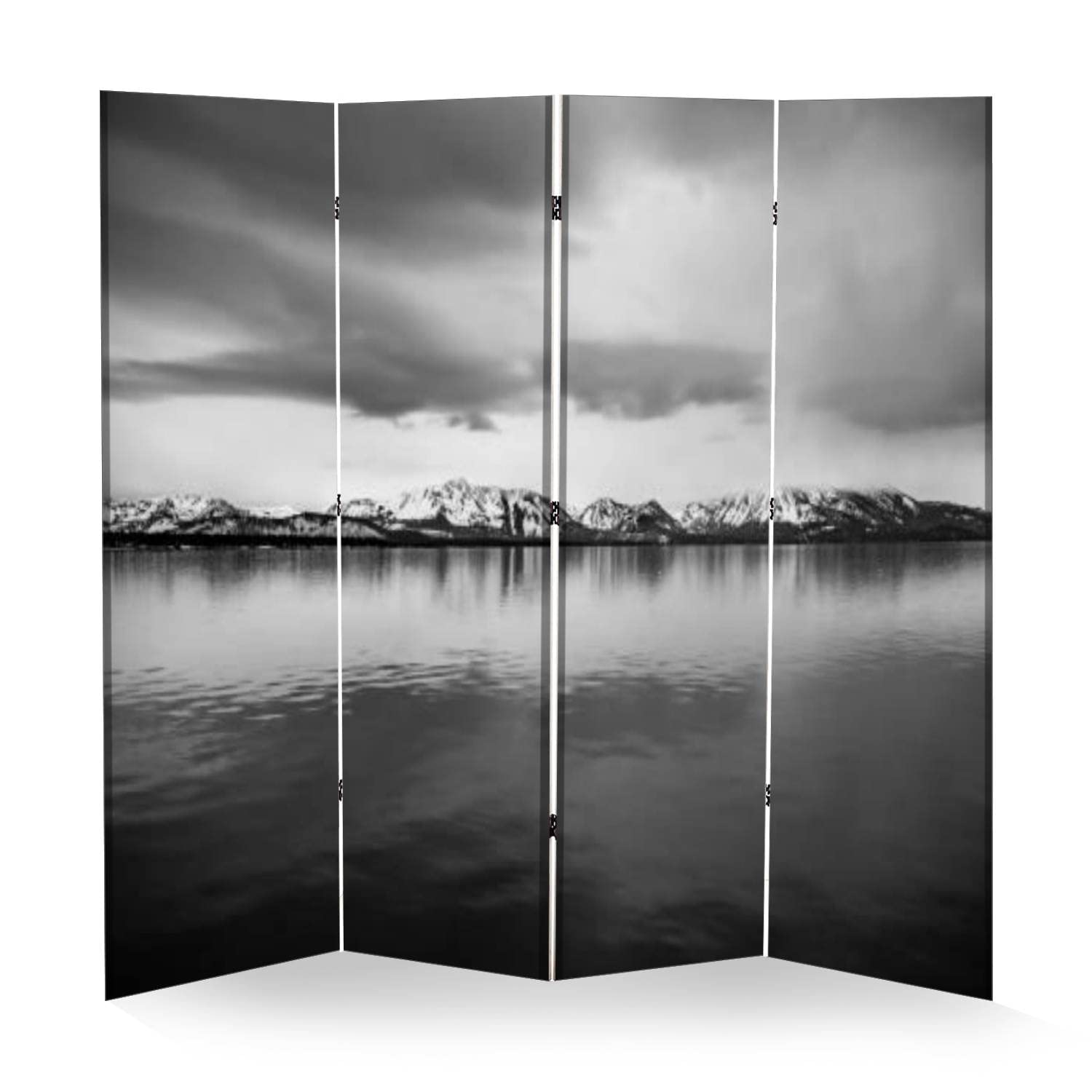 Wooden Room Divider with Mountain Reflection Print - Black & White Folding Privacy Screen, Dual-Sided Canvas Partition Panels for Home Office, Bedroom or Studio (4 Panels) - Perfect for Space Division, Decoration and Indoor Display