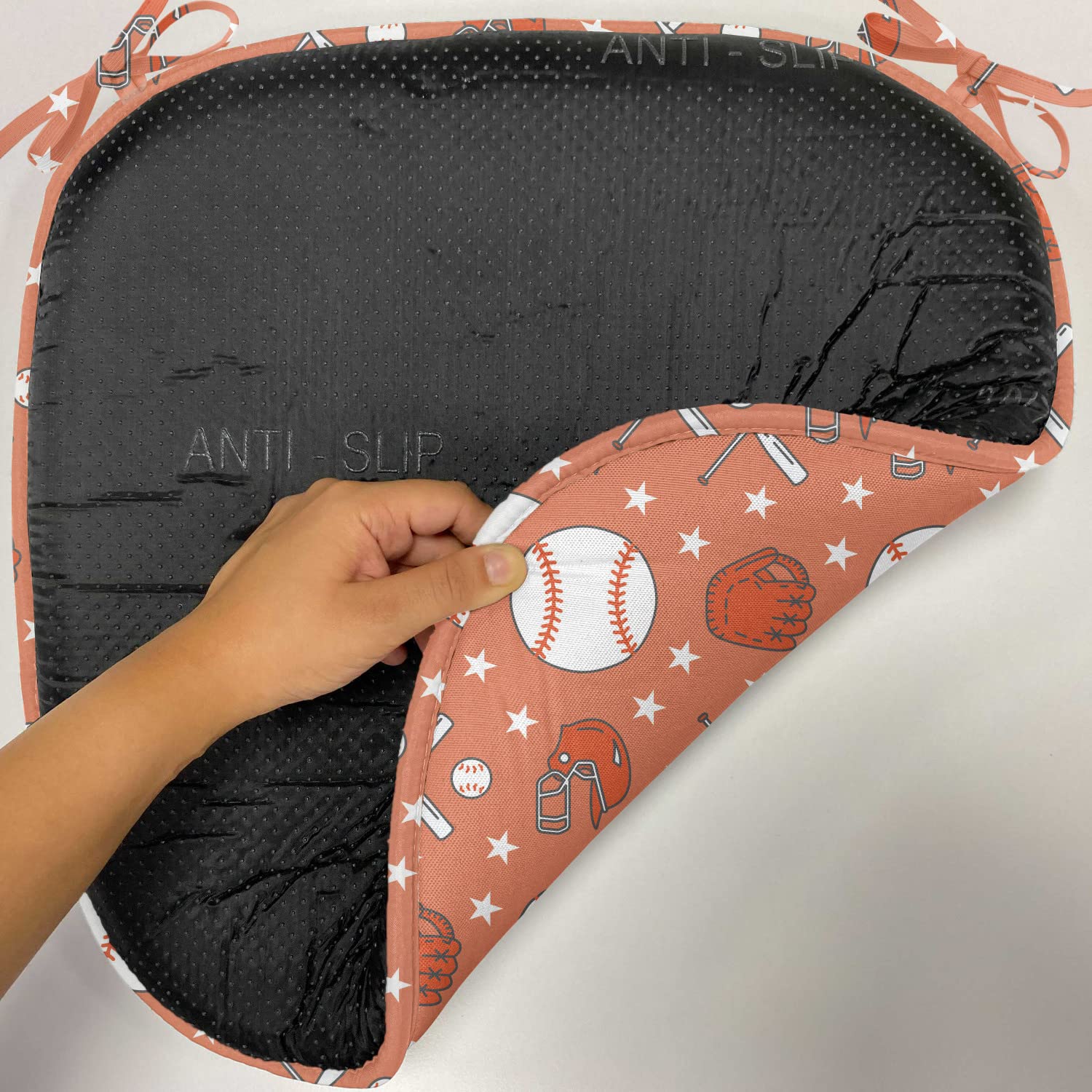 Lunarable Baseball Chair Cushion Set of 12 - Softball Game Seat Pads with Balls, Gloves & Bats Design - Anti-Slip Kitchen & Patio Seat Cushions 16