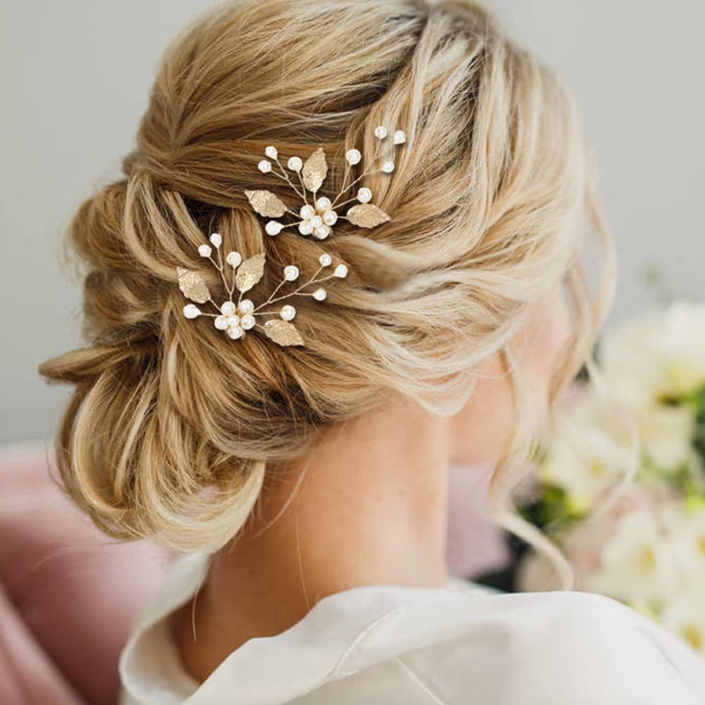 5 Pack Gold Pearl Leaf Hair Pins - Elegant Wedding Bridal Hair Clips & Barrettes for Women & Girls | Perfect for Brides, Bridesmaids, Prom, Formal Events & Updo Hairstyles