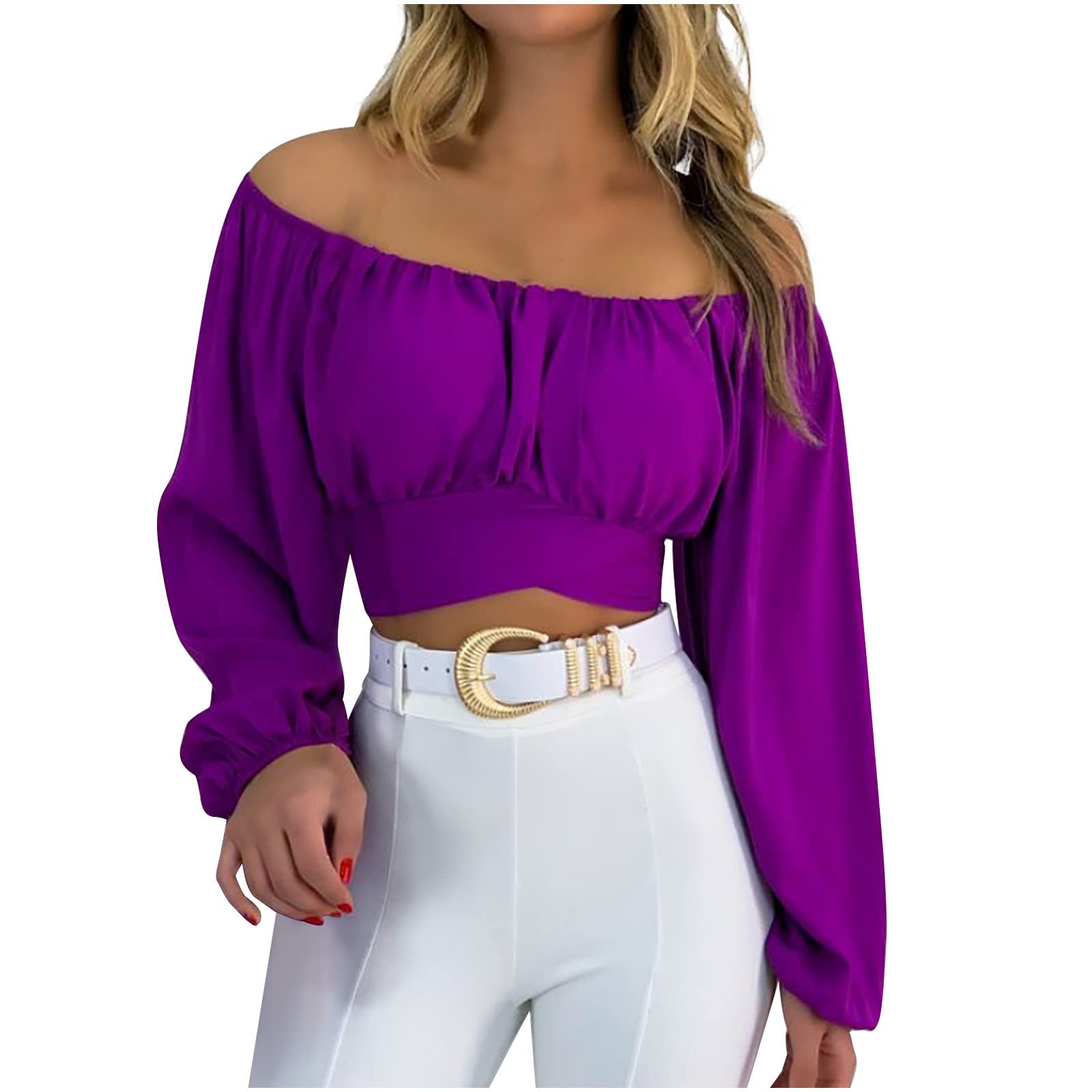 Women's Cropped Off Shoulder Puff Sleeve Blouses - Summer Long Sleeve Solid Color Tops for Casual Wear | Trendy Pleated T-Shirts for Date Night & Beach Outfits