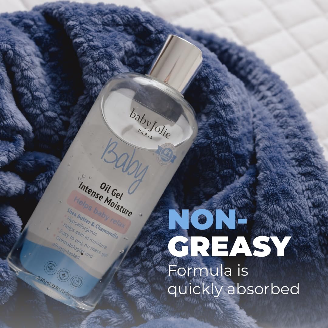 Baby Jolie Relaxing Baby Oil Gel with Shea Butter & Chamomile - Intensive Moisture for Sensitive Skin - 8oz - Perfect for Massage, Dry Skin Care & Bedtime Routine