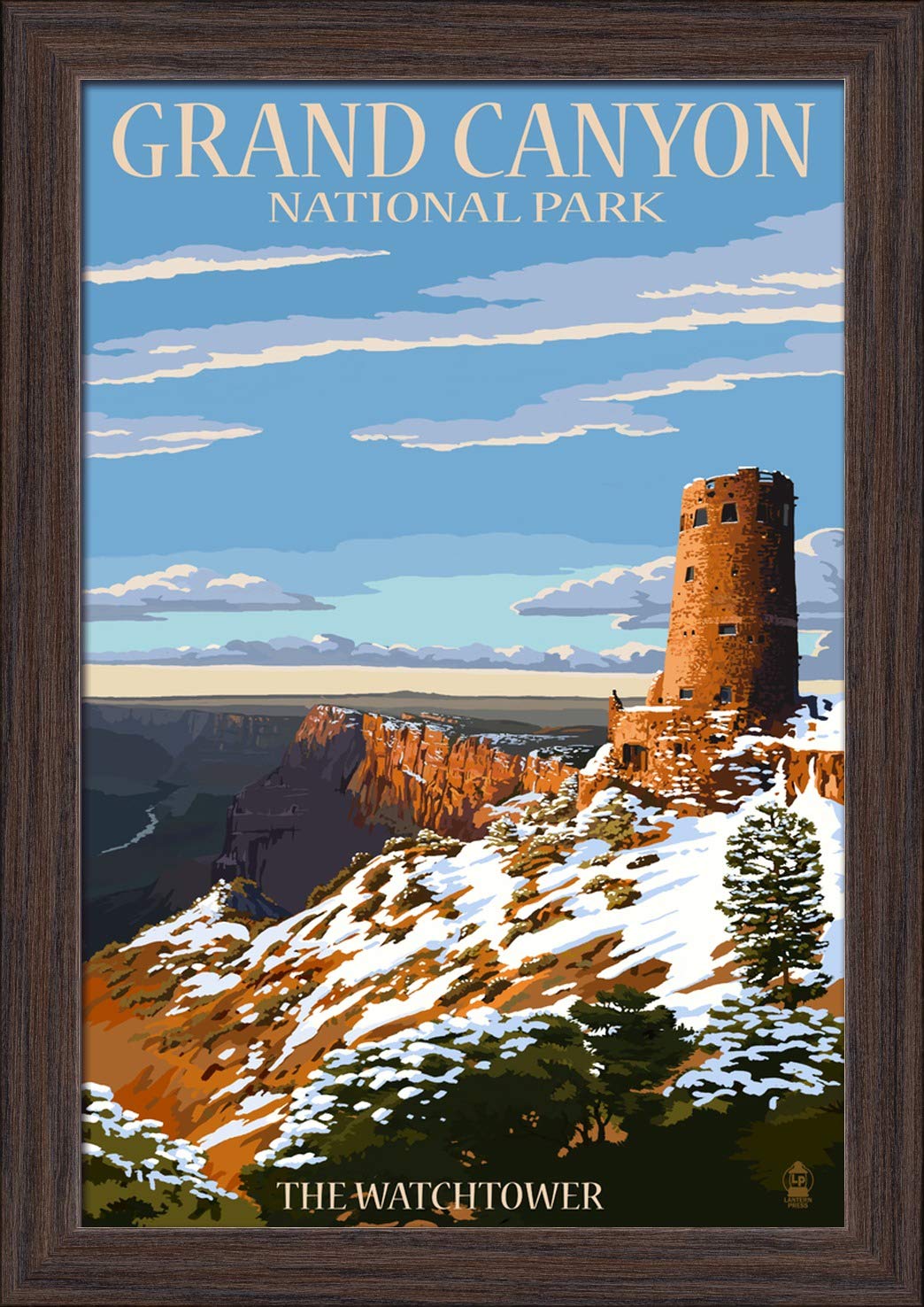 Grand Canyon National Park Arizona Watchtower Snow Art Print - 12x18 Giclee Fine Art on Recycled Wood Frame in Espresso Brown - Perfect for Home Office Decor & Nature Lover Gifts