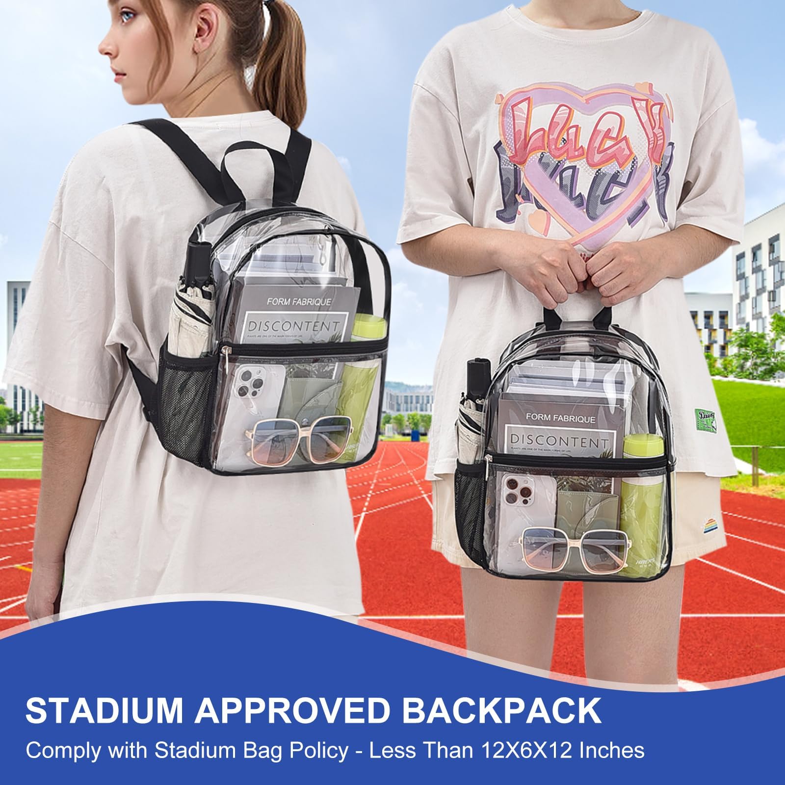 Stadium Approved Clear Backpack 12×12×6 - Small Transparent Mini Backpack for Concerts, Beach, Work, Travel & Sports | Perfect for Security Checks, School, Theme Parks & Events (Black)