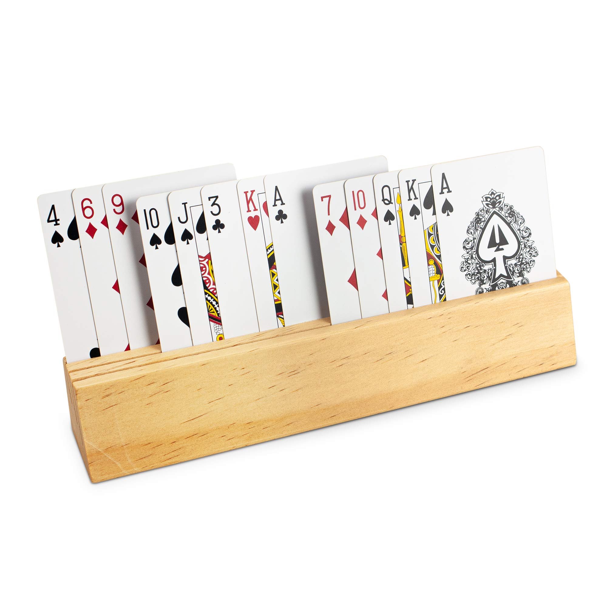 Sterling Games Wooden Playing Cards Holder Set of 4 - Card Holders for Kids, Seniors & Adults - Card Tray Rack Stand for Poker, Blackjack, Uno & Board Games - Perfect for Family Game Nights & Parties