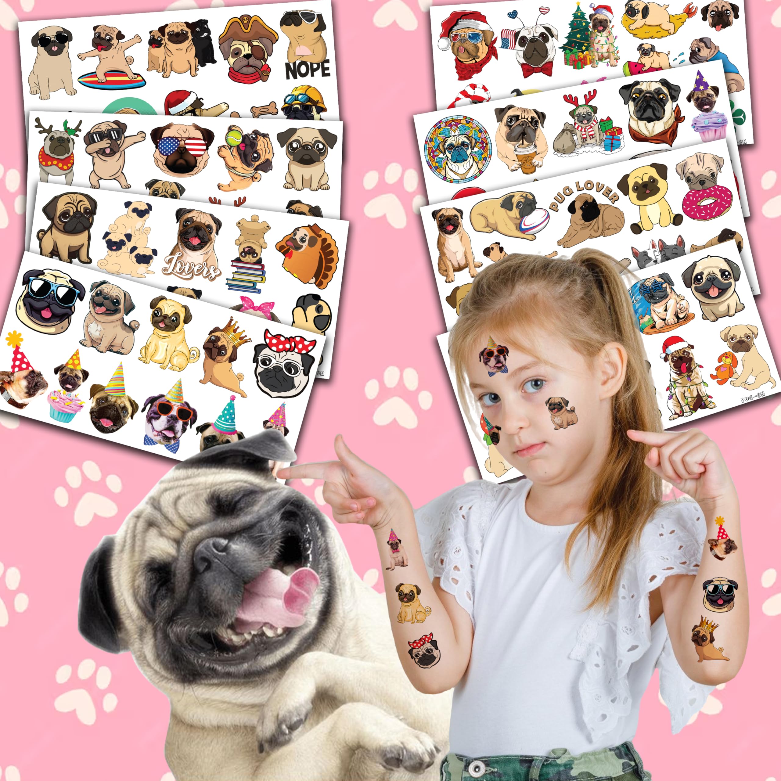 86 PCS Pug Temporary Tattoos - Cute Dog Puppy Stickers for Kids Birthday Party Decorations, School Prizes & Rewards | Fun Favors for Girls, Boys & Dog Lovers | Perfect for Themed Parties, Classroom Incentives & DIY Crafts