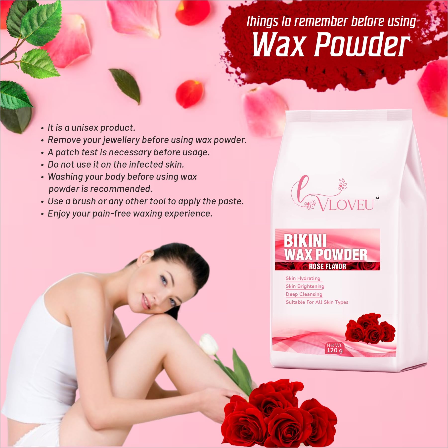 VLOVEU Painless Bikini Wax Powder for Women - 5 Minute Herbal Hair Removal Wax Powder, No Chemicals & No Irritation - Easy At-Home Use for Bikini, Legs & Underarms (120g, Rose Scent, 1 Pack) | Perfect for Smooth Skin Before Beach Trips & Summer Vacations