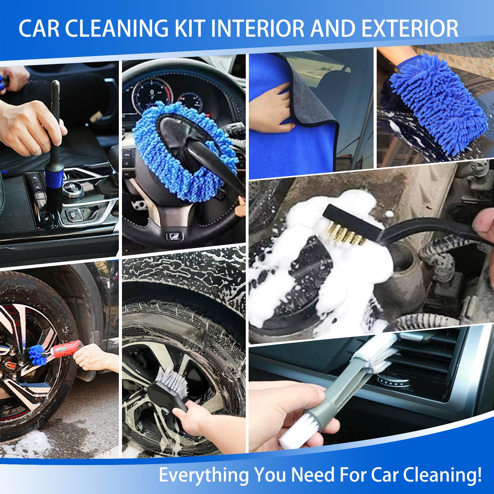 18-Piece Car Cleaning Kit for Interior & Exterior Detailing - Includes Drill Brush, Wash Mitt, Tire Brush, Sponge & Microfiber Towels - Complete Car Wash Tool Set for Dashboard, Air Vents & Wheels Cleaning - Perfect for DIY Auto Detailing & Professional Car Care