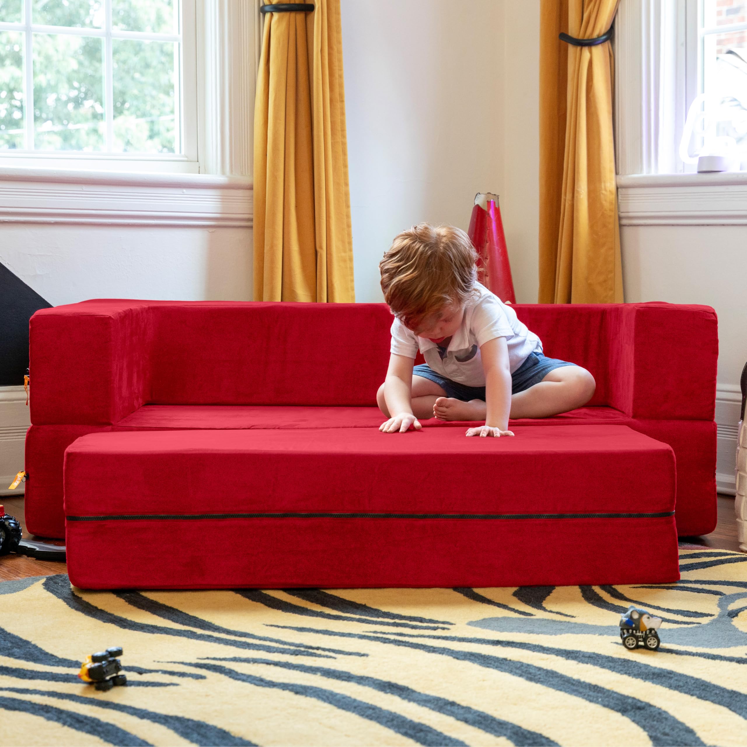 Jaxx Zipline 3-in-1 Fold Out Sofa with Large Ottoman - Big Kids Edition in Cherry Red (17454) | Convertible Sleeper Sofa for Playrooms, Dorm Rooms & Small Spaces