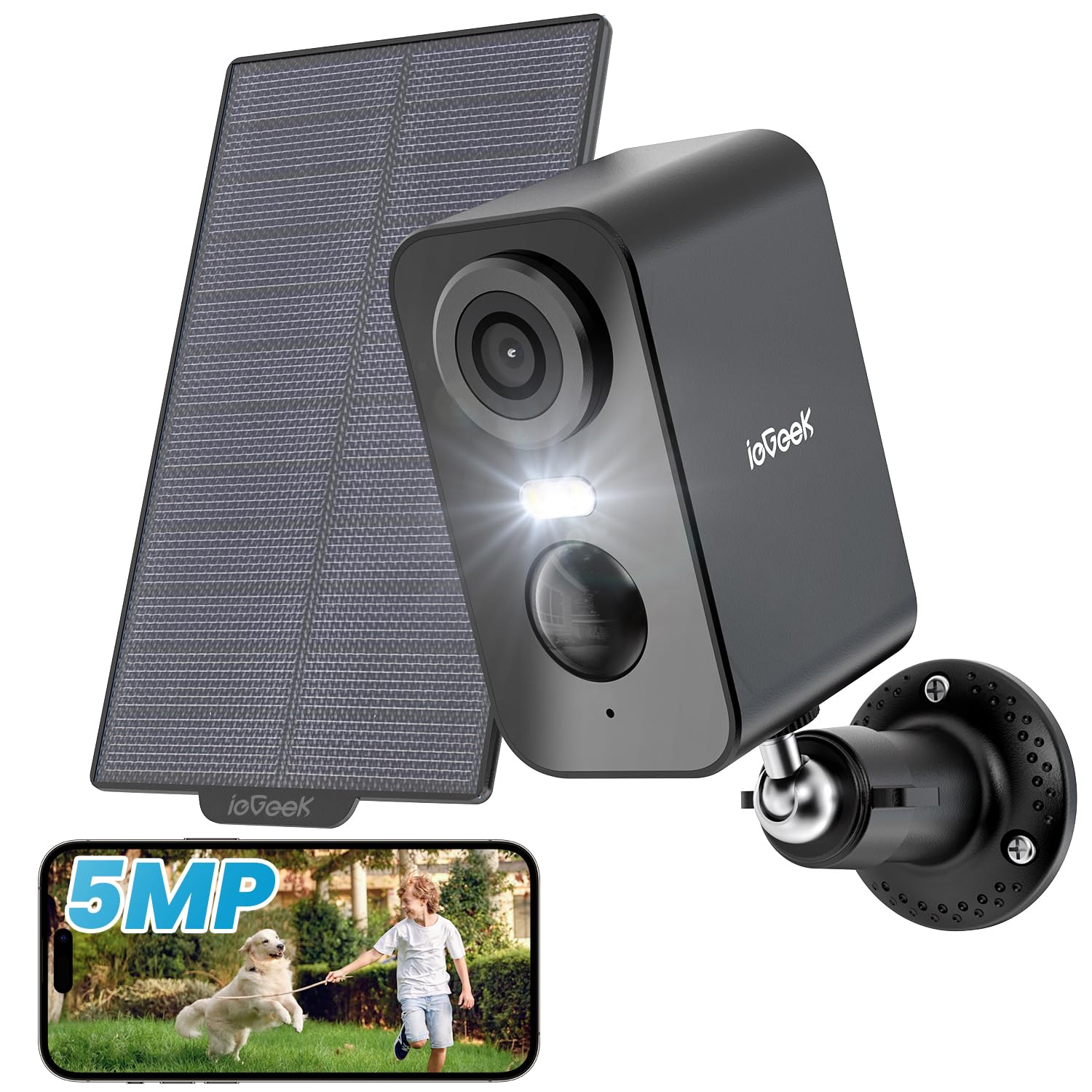 ieGeek 5MP Solar Security Camera Outdoor Wireless - Color Night Vision, Battery Powered CCTV Camera System, WiFi Home Security Camera with Motion Detection & Sound Floodlight Alert, Works with Alexa - Perfect for Backyard, Garage & Property Surveillance