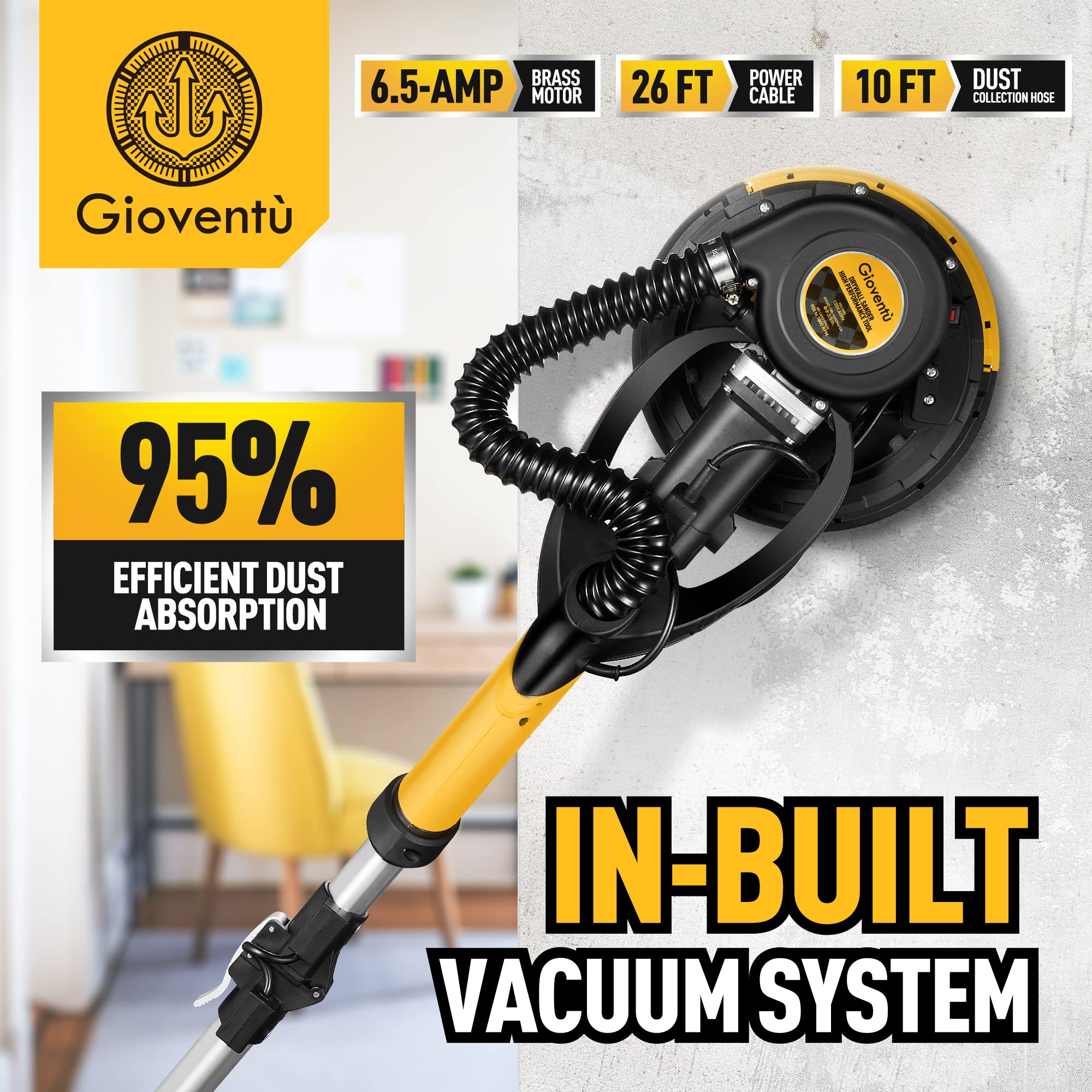 780W Electric Drywall Sander with Vacuum Attachment | Auto Dust Absorption & 26ft Power Cord | Dustless Wall Sander for Popcorn Ceiling, Drywall, Plaster & Renovation Projects | Perfect for Home DIY & Professional Construction Use