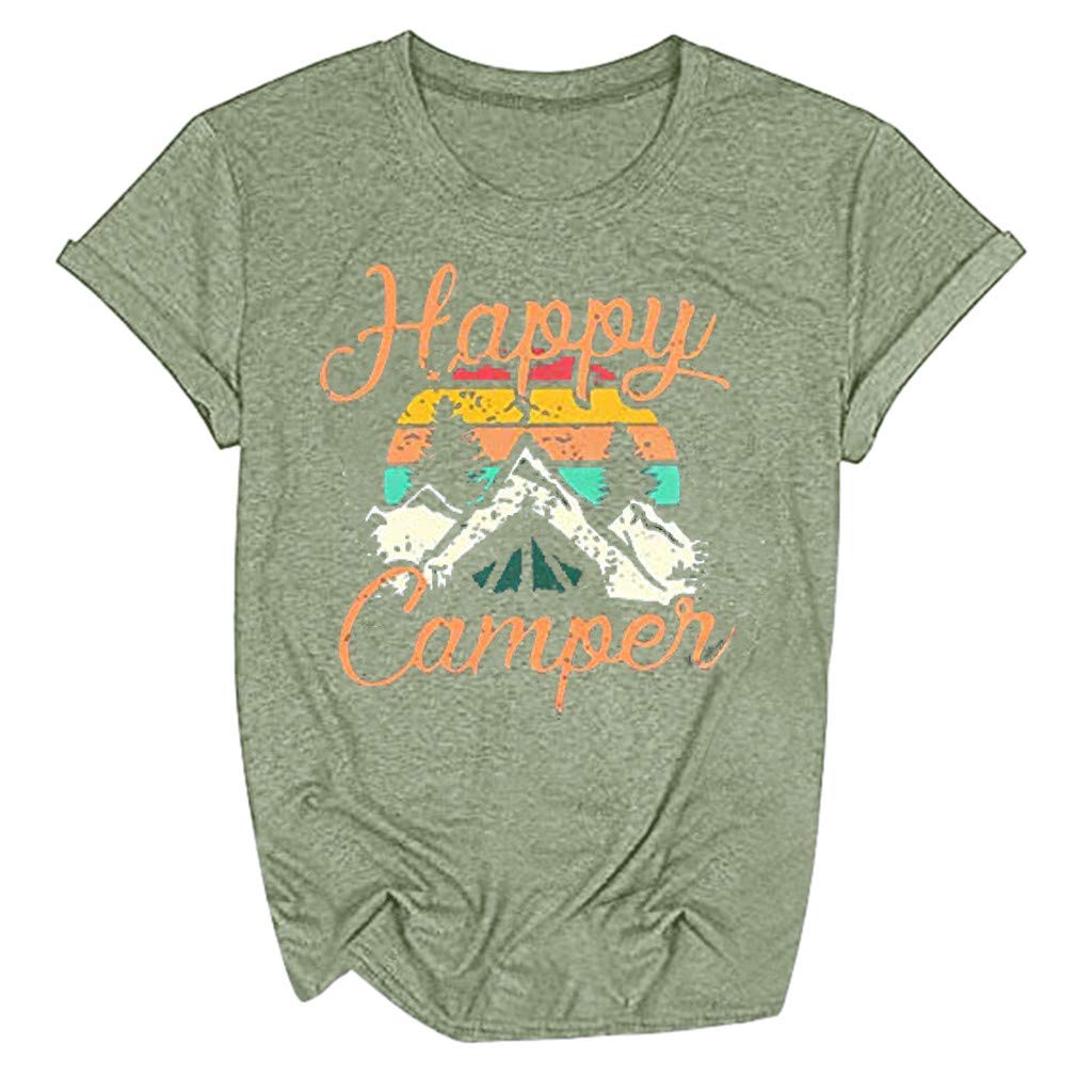 Funny Vintage Happy Camper Graphic T-Shirts for Women - Casual Round Neck Short Sleeve Tee - Perfect for Camping, Outdoor Adventures & Everyday Wear
