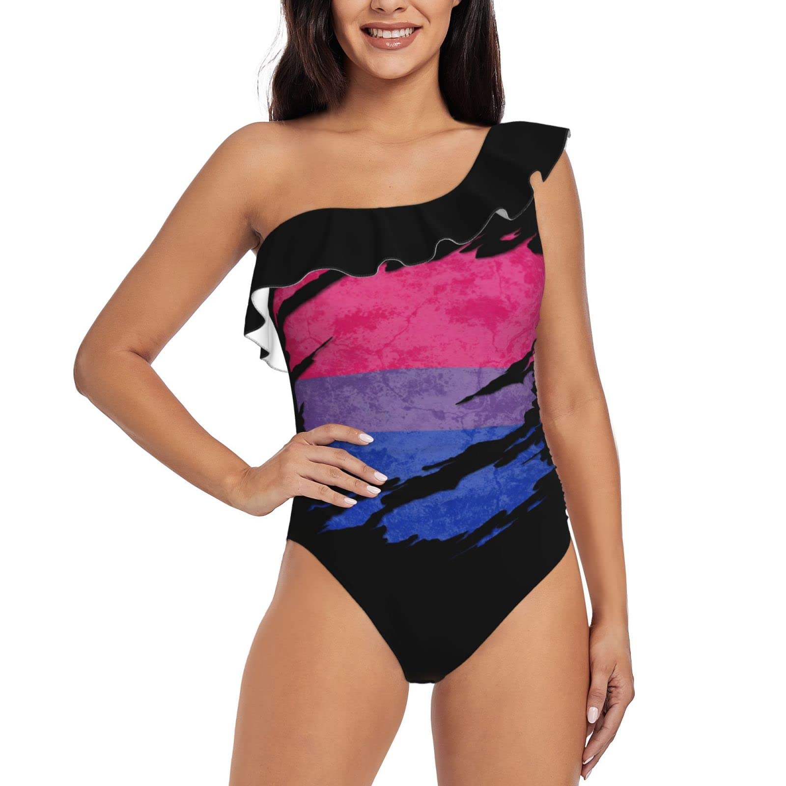 Chicago State Flag Women's One Piece Swimsuit - One Shoulder Ruffle Tummy Control Bathing Suit | Patriotic Beachwear for Pool Parties & Summer Vacations