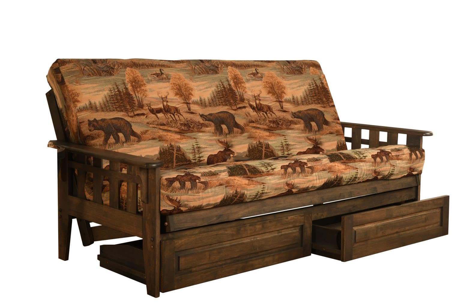 Rustic Walnut Full Size Futon Sofa Bed Set with 8-Inch Innerspring Mattress & Optional Drawers - Convertible Couch for Small Spaces, Guest Rooms & Dorm Living (Kodiak Bear Mattress, Frame & Drawers)