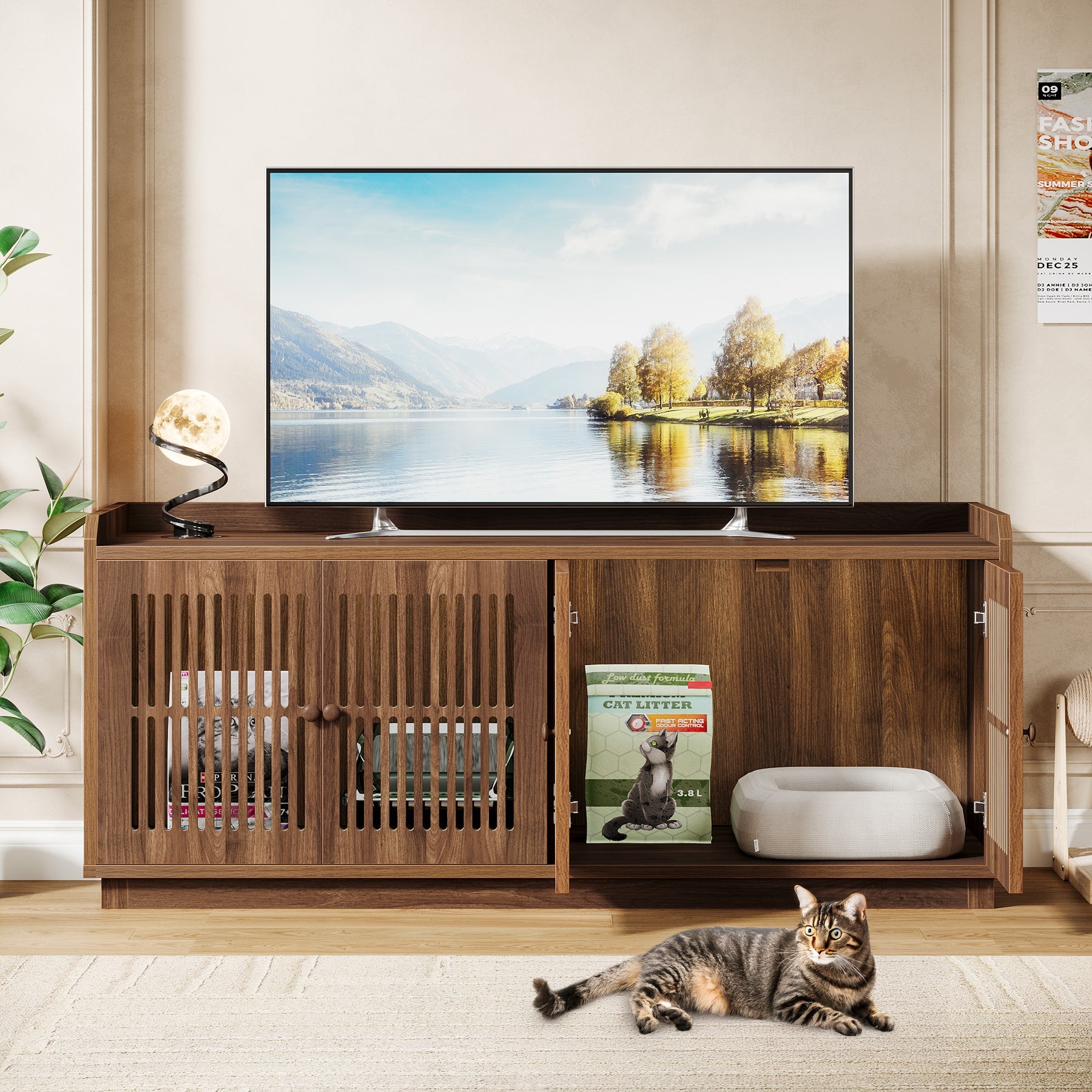 55L Cat Litter Box Furniture Enclosure with 2 Storage Cabinets & Side Entry - Modern Hidden Litter Box Solution for Home, Apartment, or Office