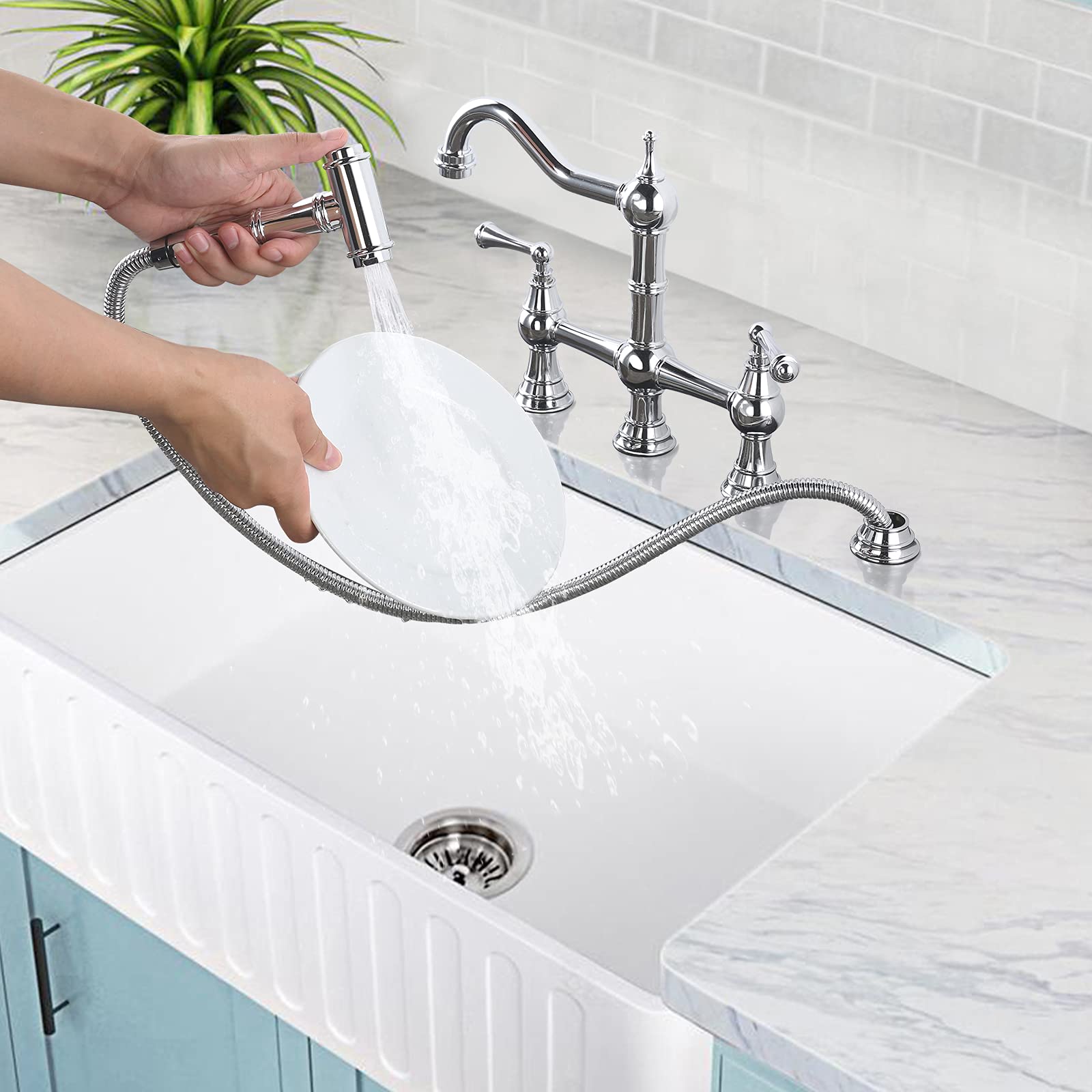 WOWOW 4-Hole Centerset Kitchen Faucet with Pull-Out Sprayer - 8 Inch Brass Bridge Faucet with 2 Handles - Vintage Farmhouse Chrome Sink Faucet for Modern & Rustic Kitchens
