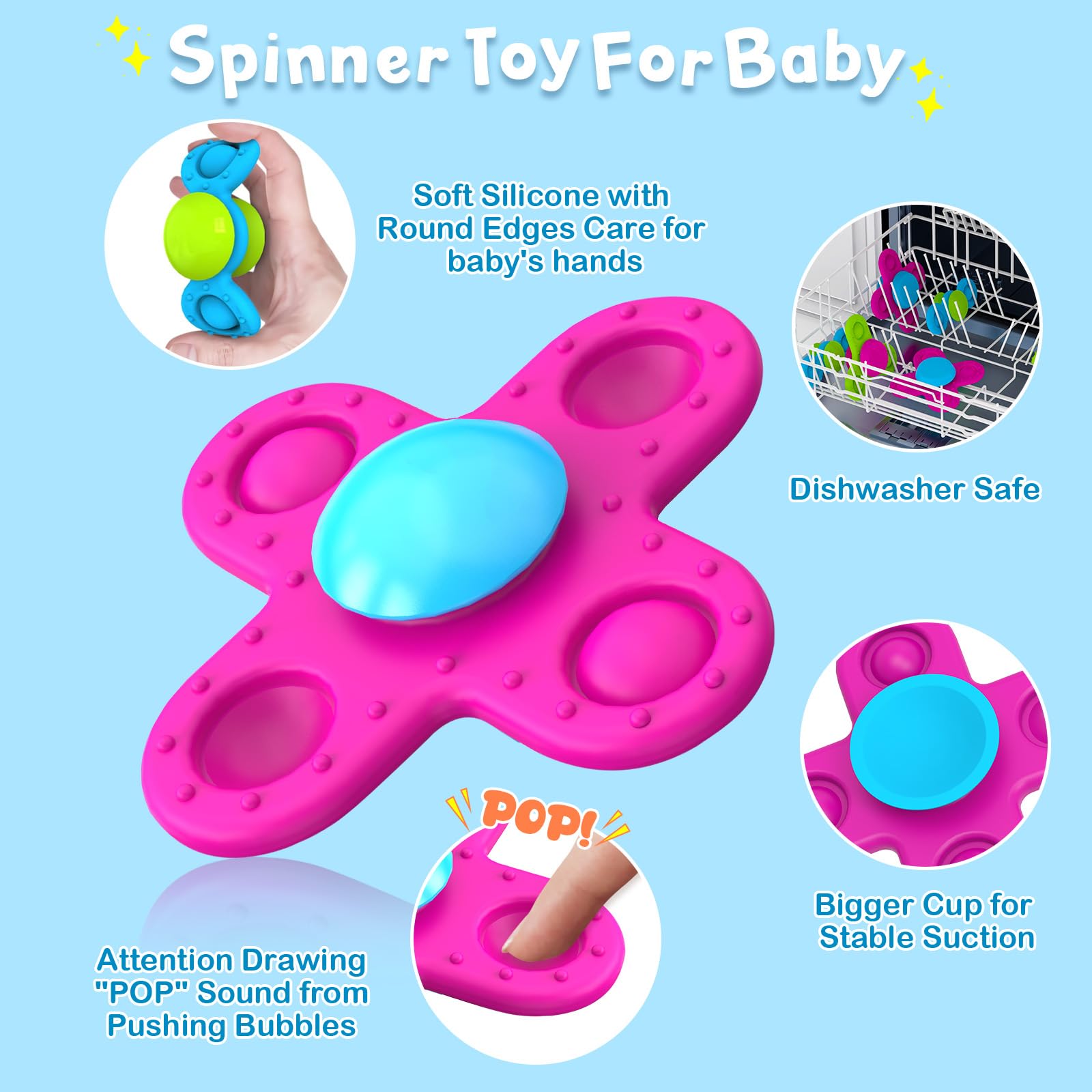 3-Pack Suction Cup Spinner Toys for Toddlers 1-3 Years - Sensory Bath & Travel Toys for Babies 10-18 Months - Perfect First Birthday Gift for 1 Year Old Boys & Girls - Great for Bathtime Fun, Car Rides & Early Learning Play