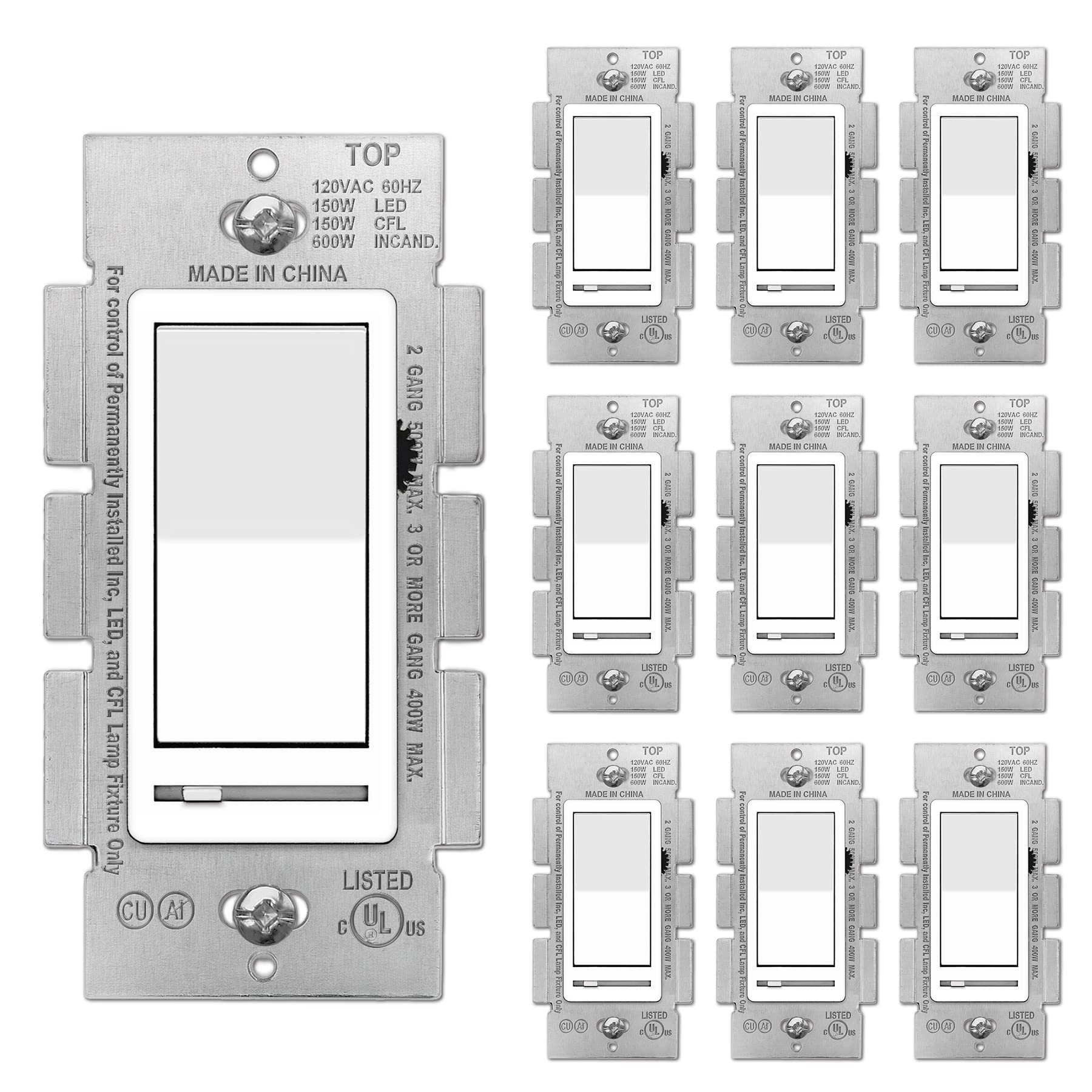 10 Pack BESTTEN Dimmer Light Switch - Single Pole or 3-Way Compatible with LED, CFL, Incandescent & Halogen Bulbs (120V, UL Listed) - Perfect for Bedroom, Living Room & Kitchen Lighting Control