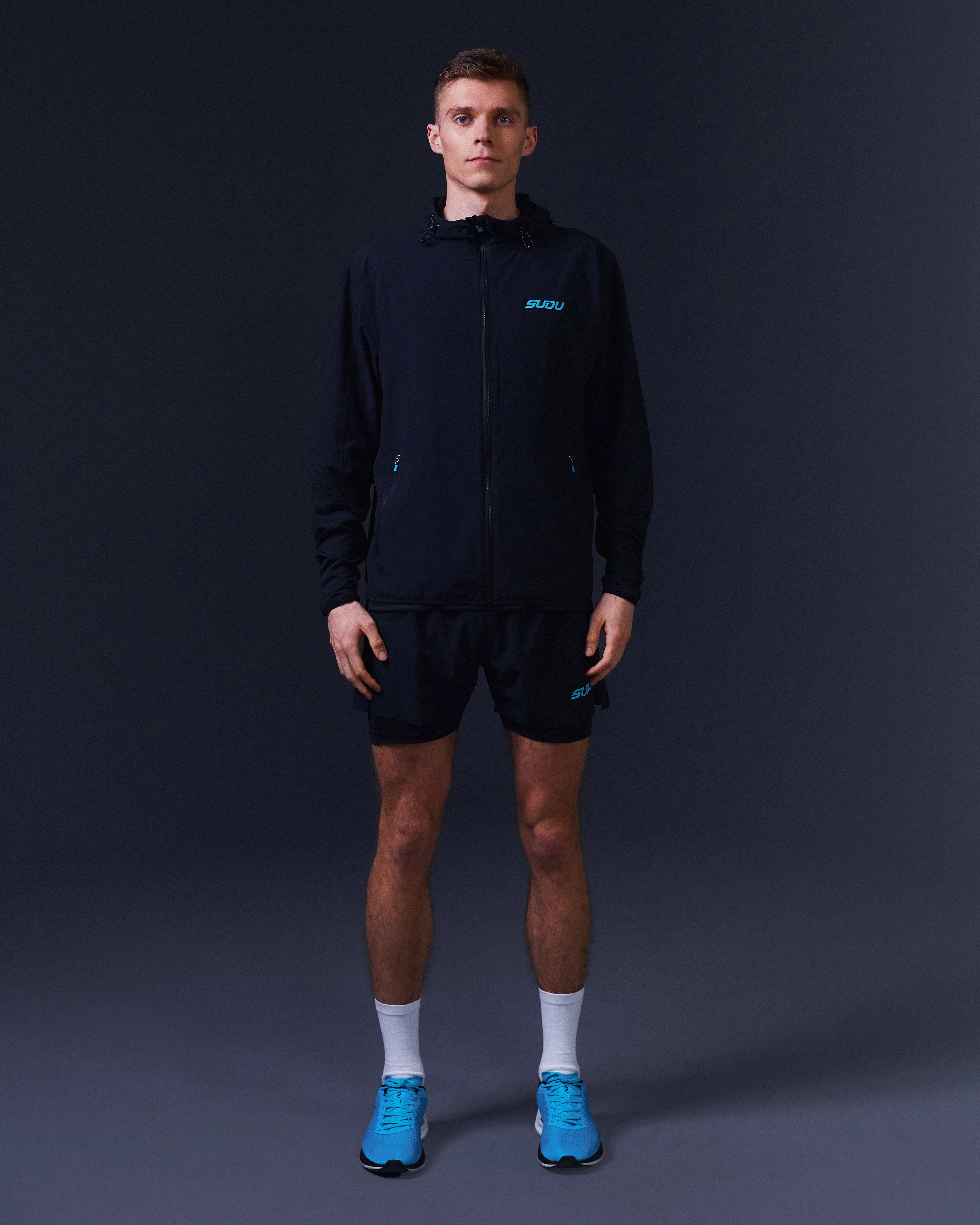 SRJ FZ 01 Full Zip Jacket for Men & Women - Lightweight Windbreaker with Hood, Black/Light Blue - Perfect for Outdoor Sports, Hiking & Casual Wear
