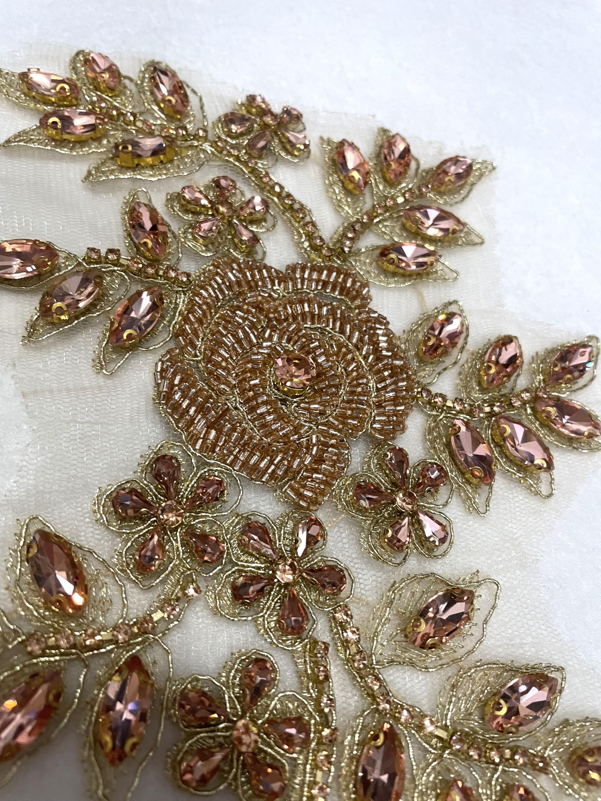 Champagne & Rose Gold Beaded Rose Flowers & Leaves Rhinestone Applique Pair - Elegant Embellishment for Prom Dresses, Belts, Arts & Crafts, Sewing Decorations | Perfect for DIY Wedding Accessories, Costume Design, and Fashion Embellishments