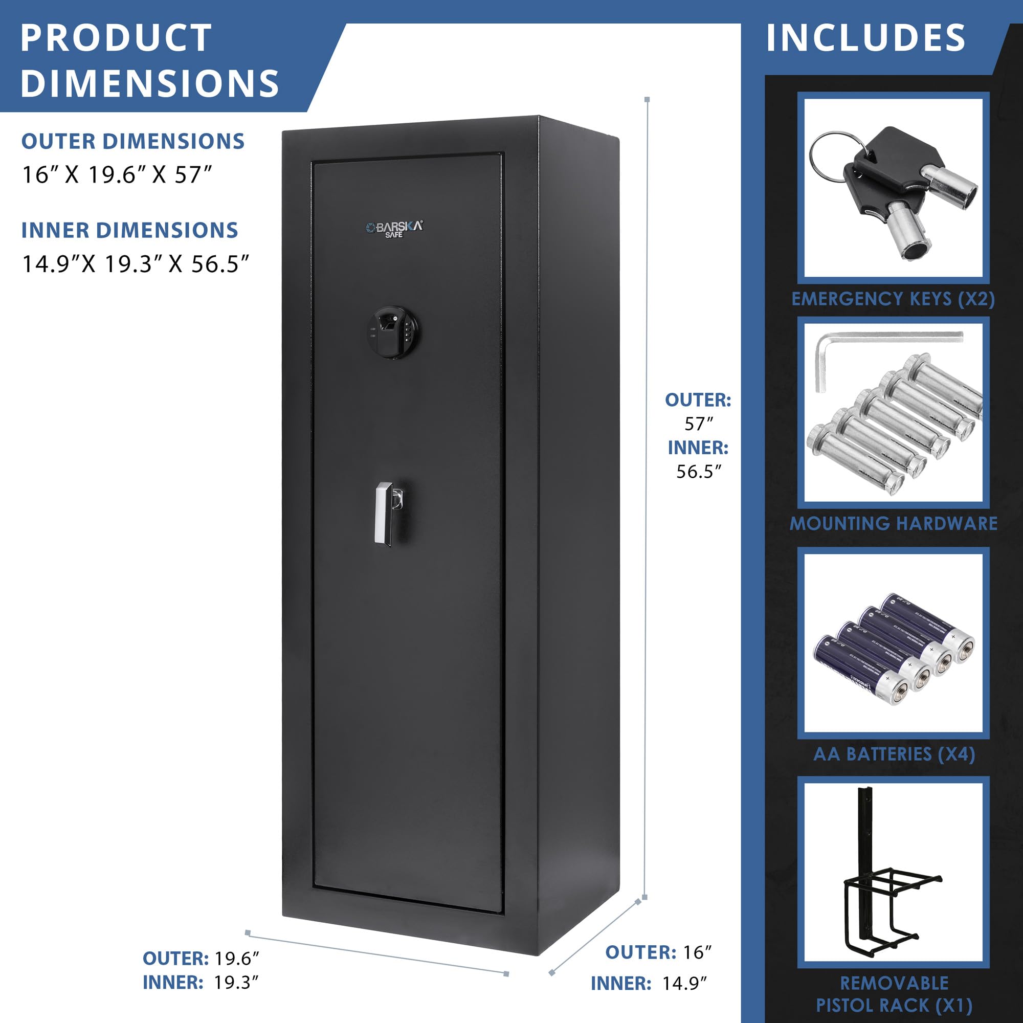 Barska Large Biometric Rifle Gun Safe - 19x16x57 Inch Keypad Access Security Cabinet for Home & Office Firearm Storage | Heavy Duty Protection for Guns, Ammo & Valuables
