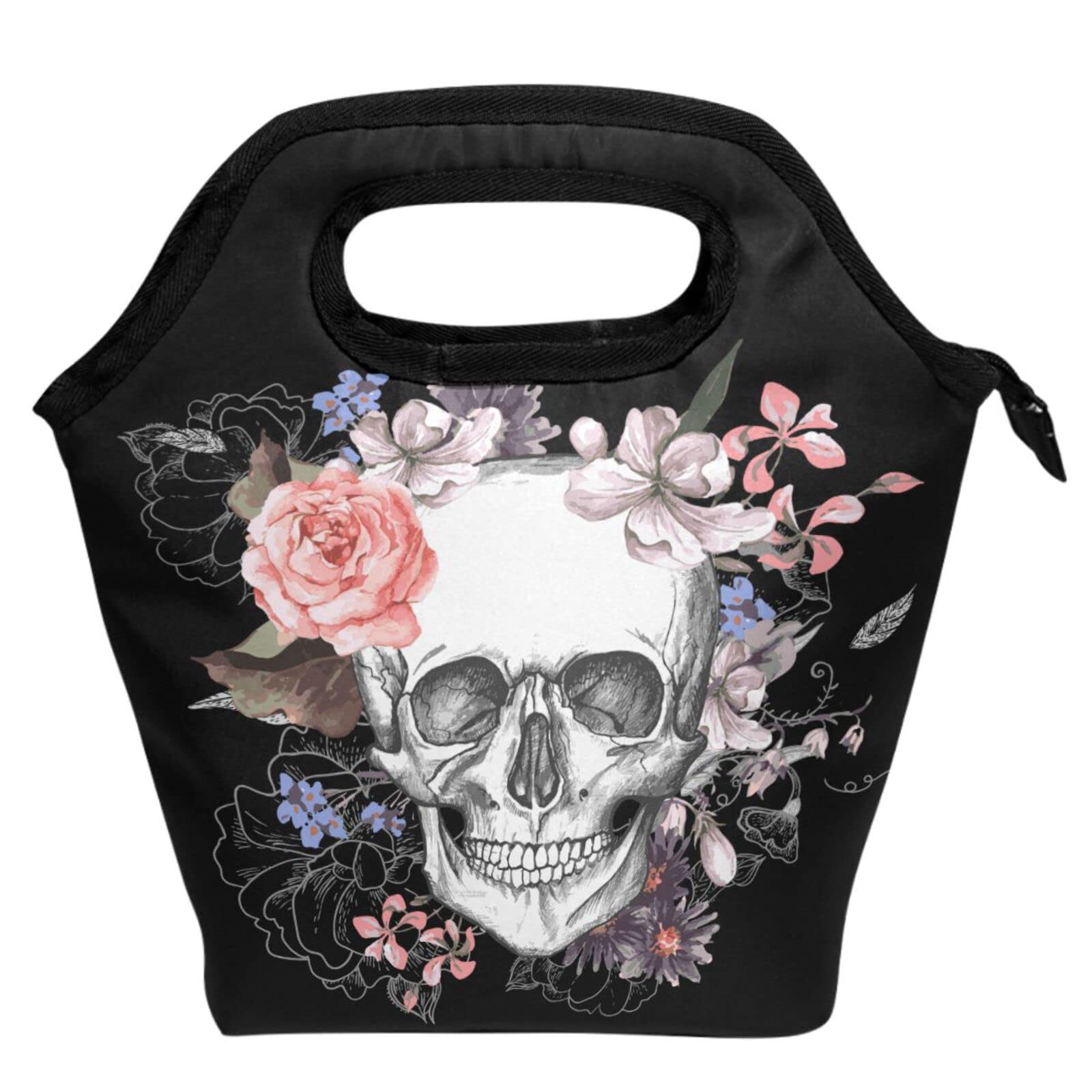 Wamika Insulated Sugar Skull Skeleton Lunch Bag - Freezable Rose Floral Design Lunch Tote Cooler for Women & Men - Perfect for Work, School, Picnic, Travel & Outdoor Activities - Reusable Lunch Box Handbag