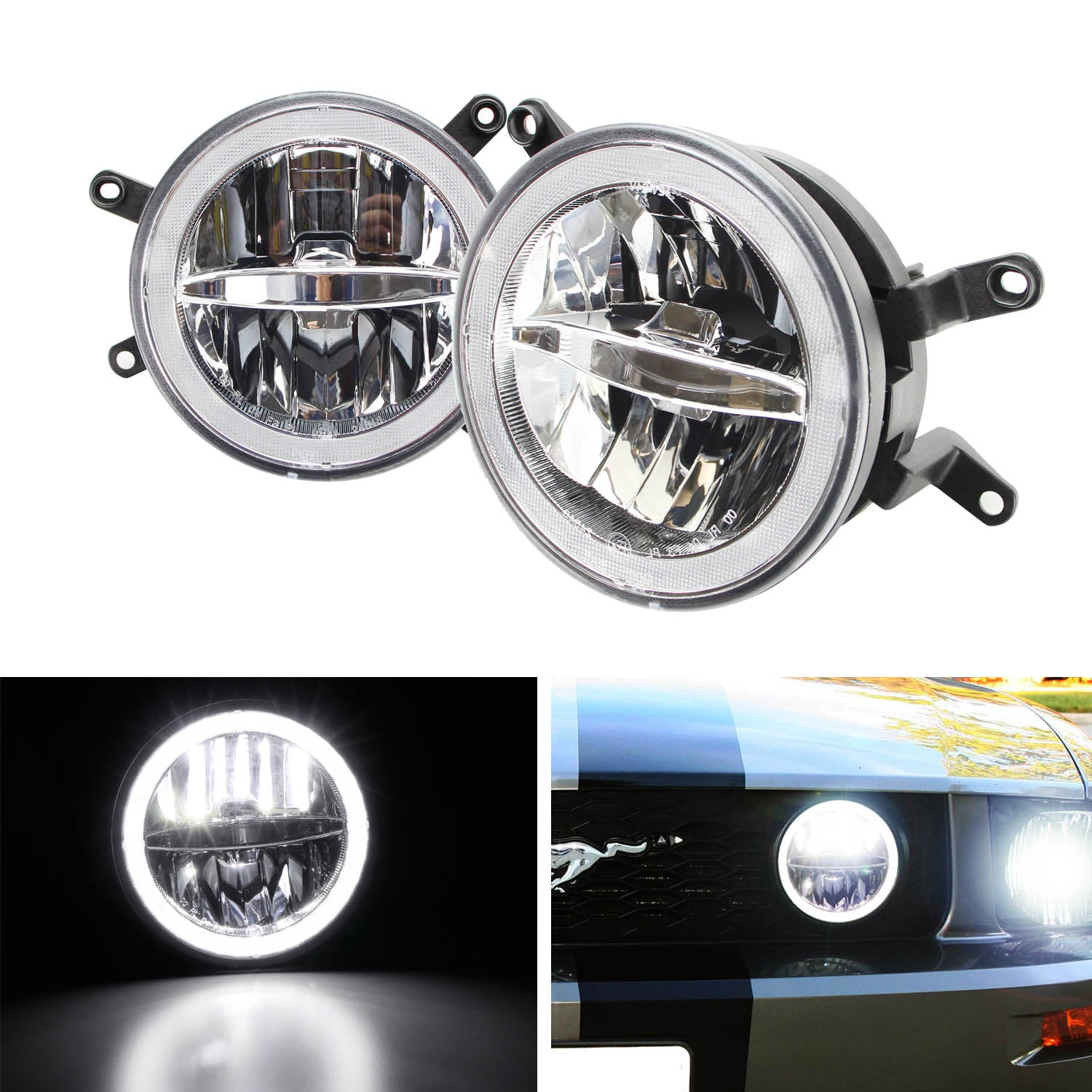 30W CREE LED Driving Fog Light Kit with LED Halo Ring for 2005-2009 Ford Mustang - Durable Off-Road Lighting for Night Driving & Foggy Conditions
