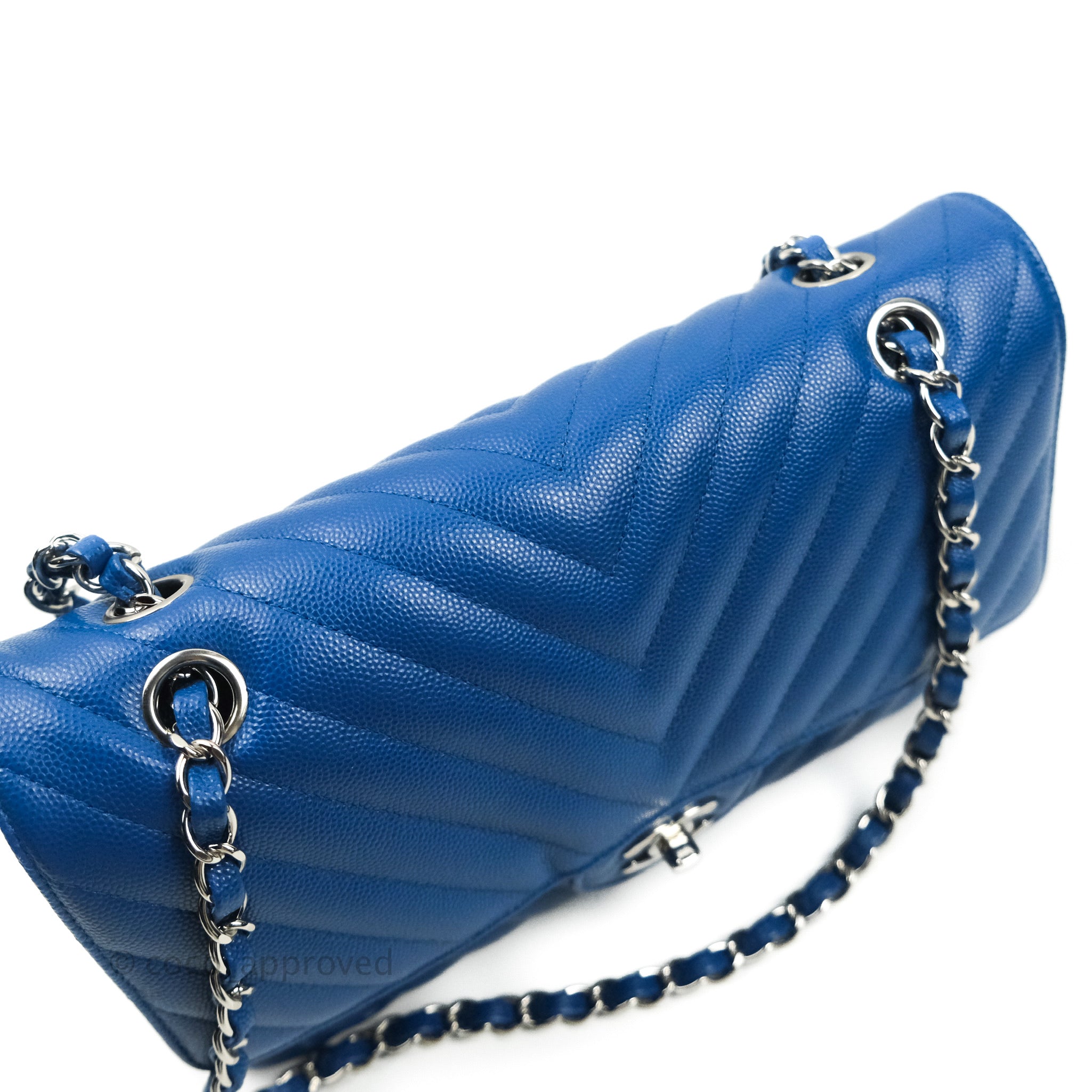 Chanel Classic Chevron M/L Medium Double Flap Bag in Blue Caviar Leather with Silver Hardware - Perfect for Work, Evening Events & Luxury Fashion Accessories