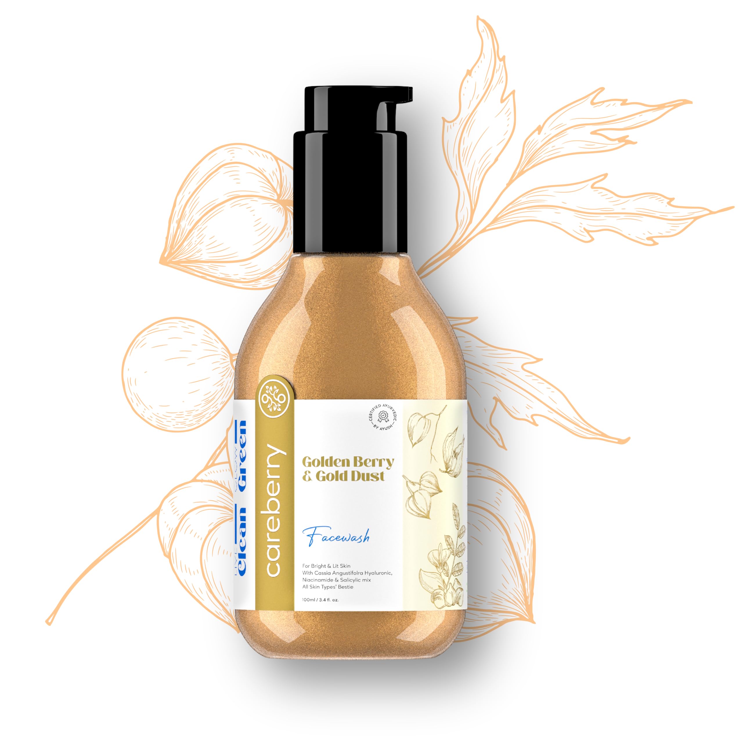Careberry Golden Berry & Gold Dust Face Wash - Ayurvedic Brightening Cleanser with Hyaluronic Acid, Niacinamide & Salicylic Acid | Anti-Pollution, AYUSH Certified | For Glowing Skin (Men & Women, 100ml) | Perfect for Daily Skincare Routine & Pollution Protection