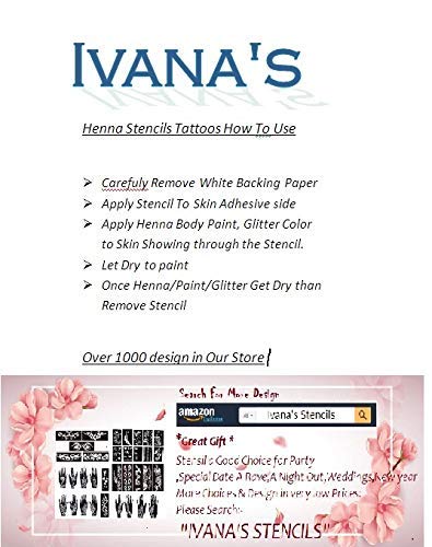 Ivana's Temporary Tattoo Stencil Kit - Design No. 1001 (T-1001) for Hand, Body & Face - Henna Art Transfer for Women & Girls - Perfect for Parties, Weddings & Festivals