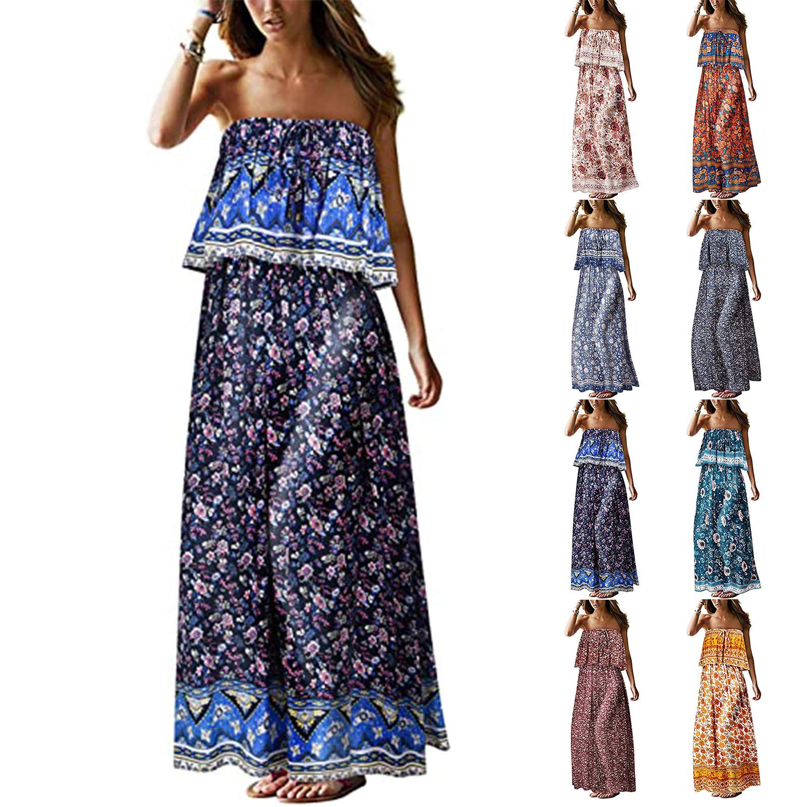 Bohemian Floral Print Strapless Maxi Dress for Women - Summer Casual Sleeveless Long Dress for Beach Vacation & Holiday Wear | Perfect for Pool Parties, Music Festivals and Tropical Getaways