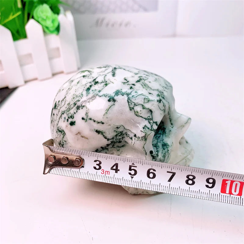 Natural Moss Agate Skull Carvings - Mini Crystal Stone Statue Figurine for Halloween Decor, Witchcraft Altar, Gothic Home Decor, Unique Spiritual Gift (661g, 1 Piece) | Perfect for Meditation Spaces, Wiccan Rituals & Dark Aesthetic Room Decor