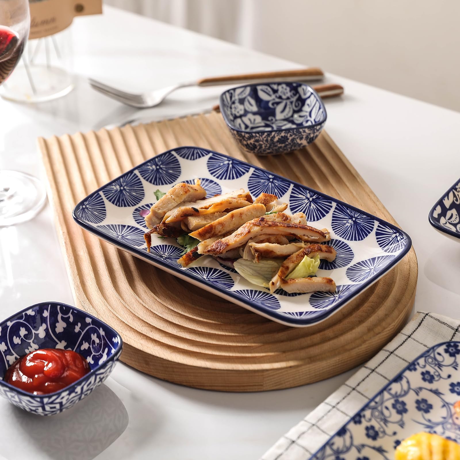Selamica 8 Inch Ceramic Rectangular Salad Plates Set of 4 - Vintage Blue Small Dinner Plates for Party, Appetizers, Sushi & Dessert | Perfect for Entertaining, Restaurants & Home Dining