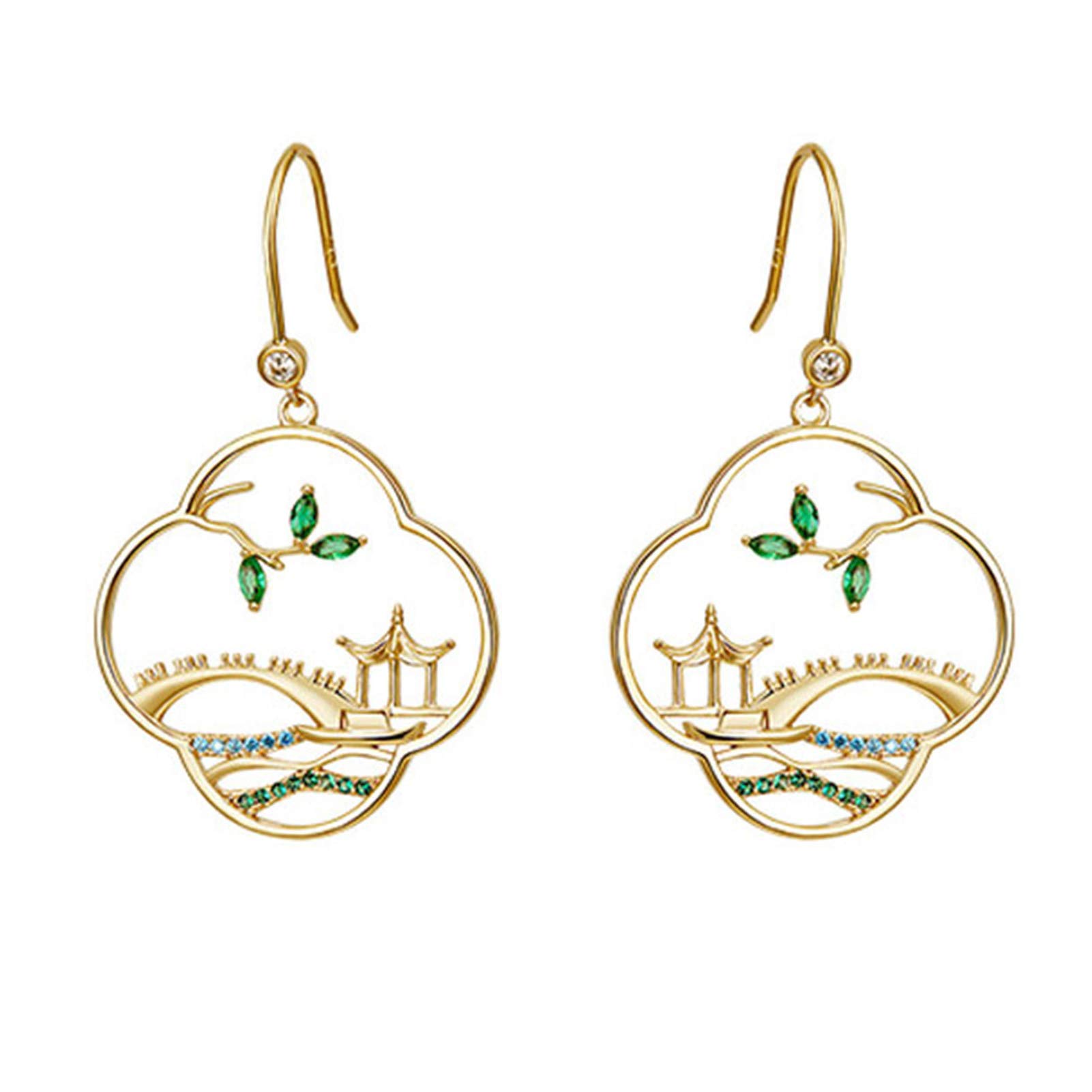Qiguch66 Chinese Style Vintage Geometric Stud Earrings for Women & Girls - Elegant Decorative Jewelry for Birthday Parties, Weddings & Special Occasions