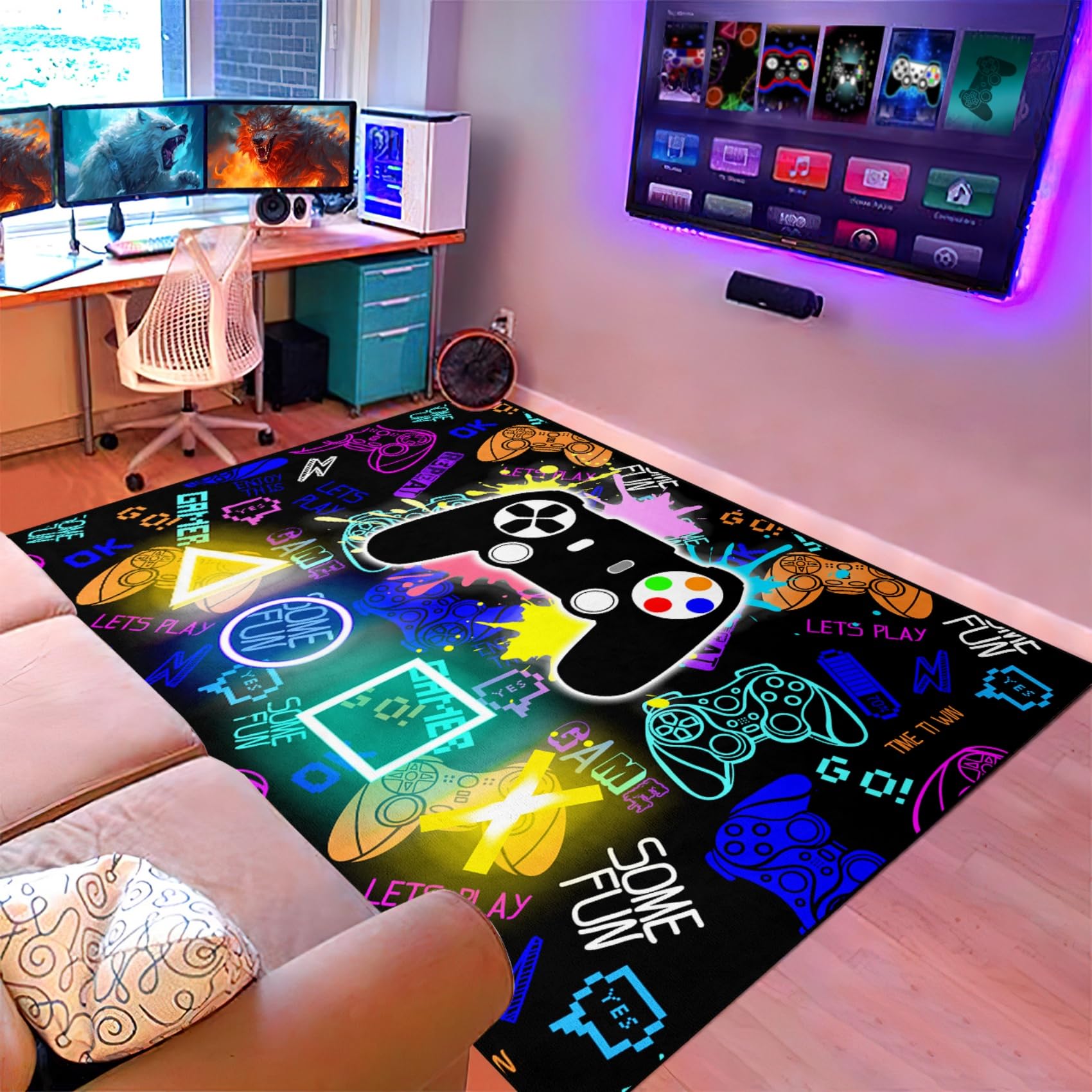 Cool Gaming Area Rugs for Boys & Teens - Video Game Controller Printed Large Carpet for Bedroom & Game Room Decor - Perfect for Teen Boys' Bedroom, Kids Play Area & Gaming Setup