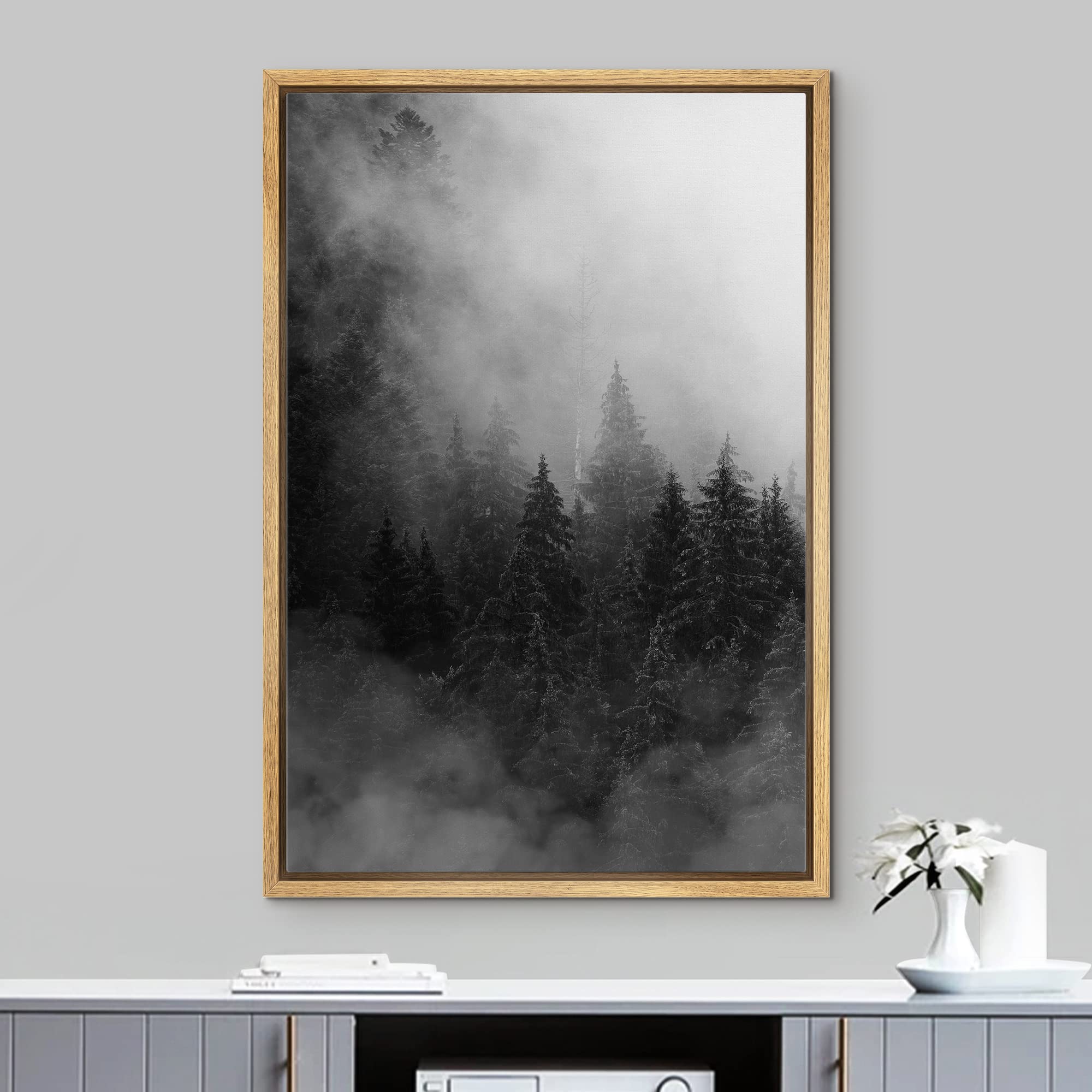 IDEA4WALL Framed Canvas Print - Black & White Dark Pine Forest in The Mist Nature Wilderness Realism Woodland Wall Art - 24