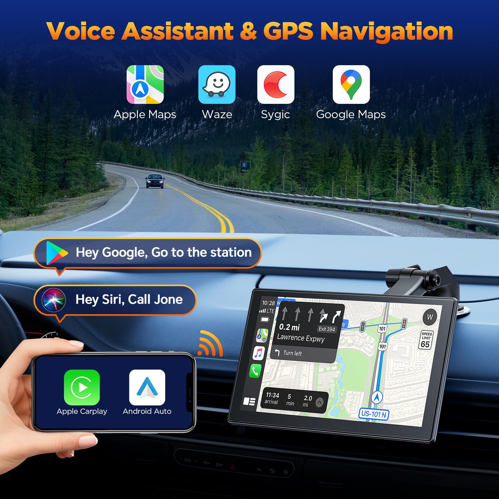 Volam 9 Inch Wireless CarPlay Android Auto Car Stereo with 4K Dash Cam, 1080P Rearview Camera, Bluetooth 5.0, GPS, Voice Assistant, Mirror Link, AUX, FM, 64GB TF Card – Perfect for Road Trips, Commuting & Hands-Free Driving
