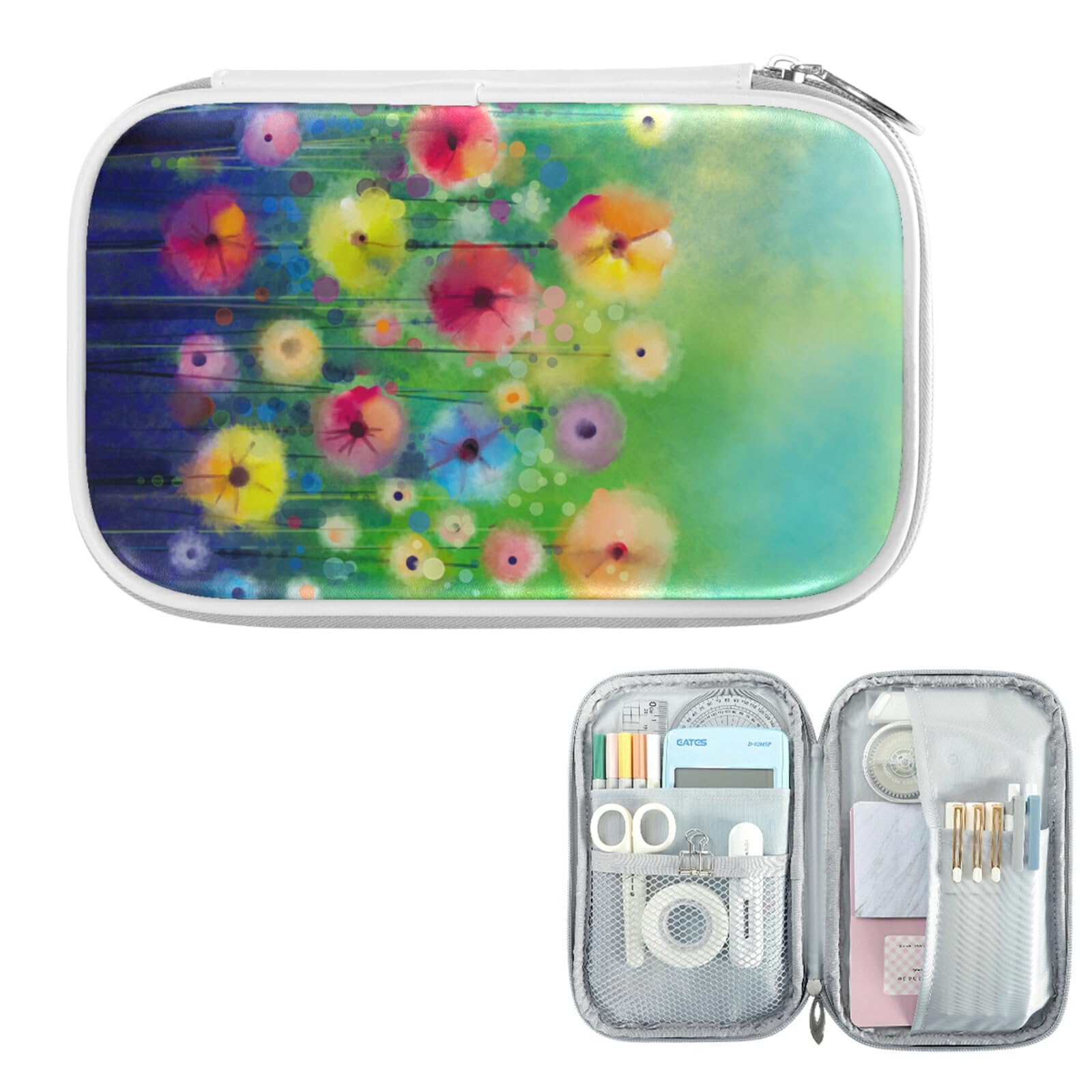 Abstract Floral Pencil Case - Watercolor Zipper Pouch for School & Office Supplies