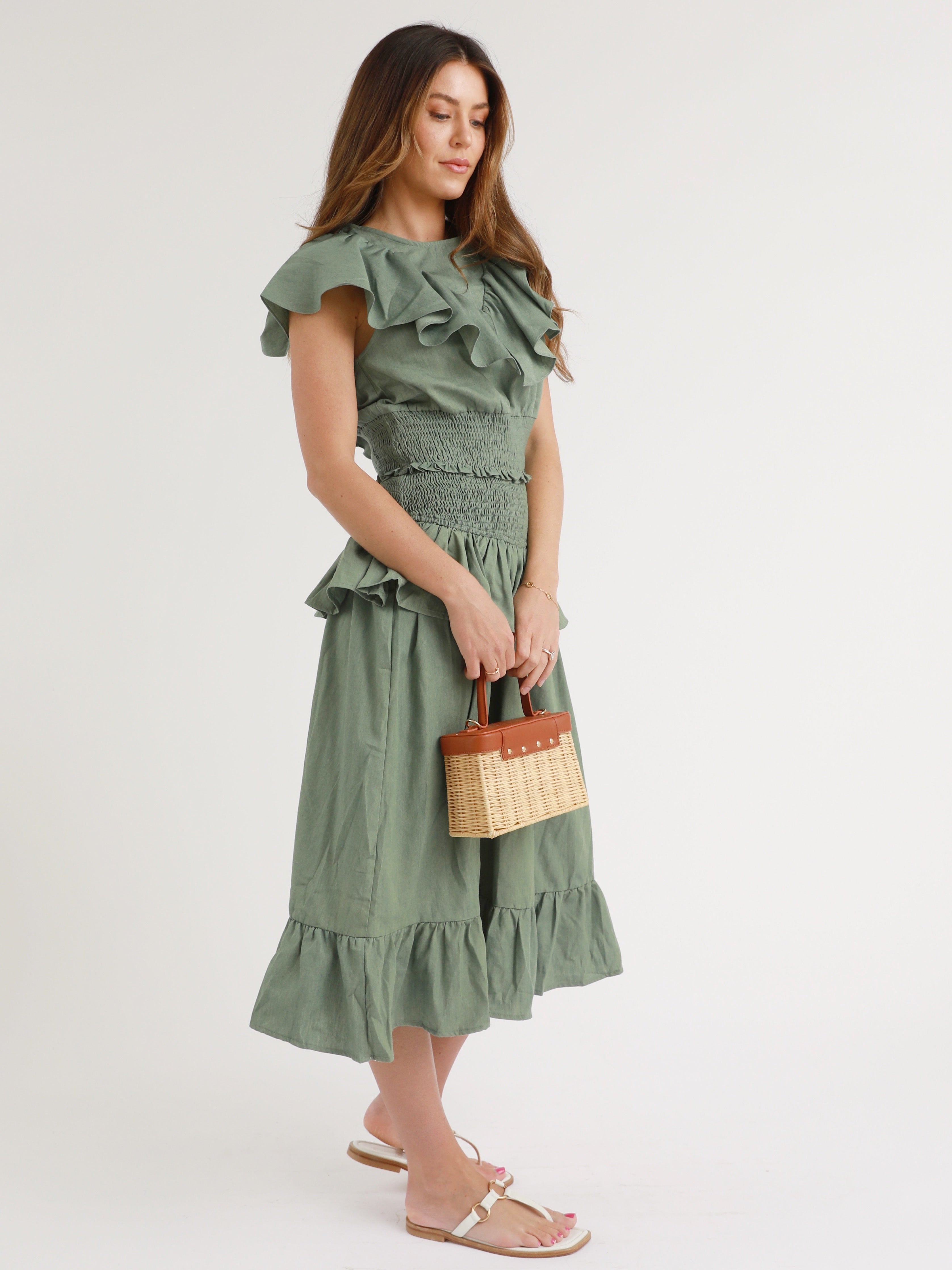 Carla Skirt in Olive Green - Women's A-Line Midi Skirt with Pockets | Perfect for Casual Outfits, Office Wear & Date Nights