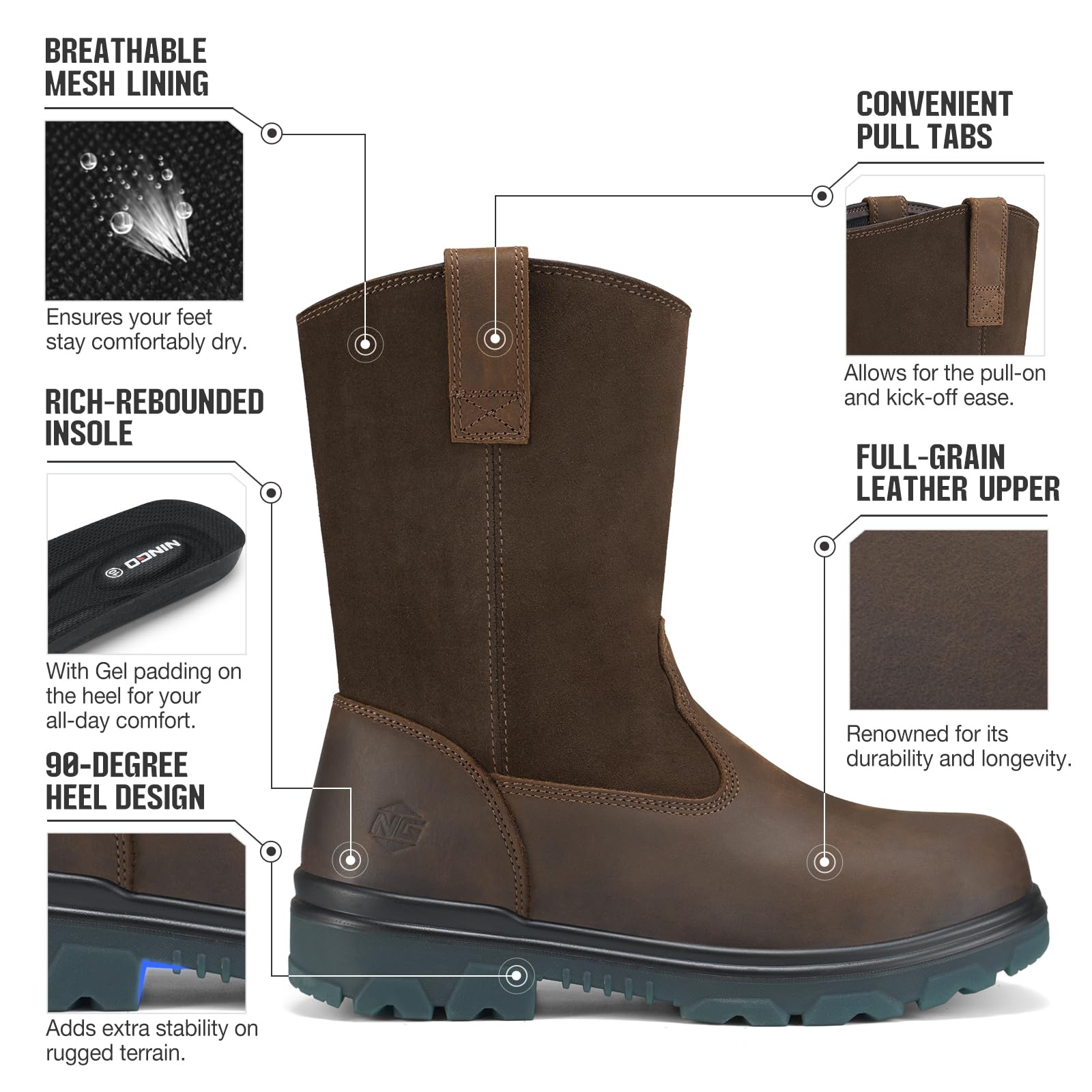 NINGO Steel Toe Work Boots for Men & Women - Waterproof Safety Boots with Full Grain Leather, Oil & Slip Resistant, High Rebound TPU SR Outsole - Ideal for Construction, Farming, Warehouse & Outdoor Work