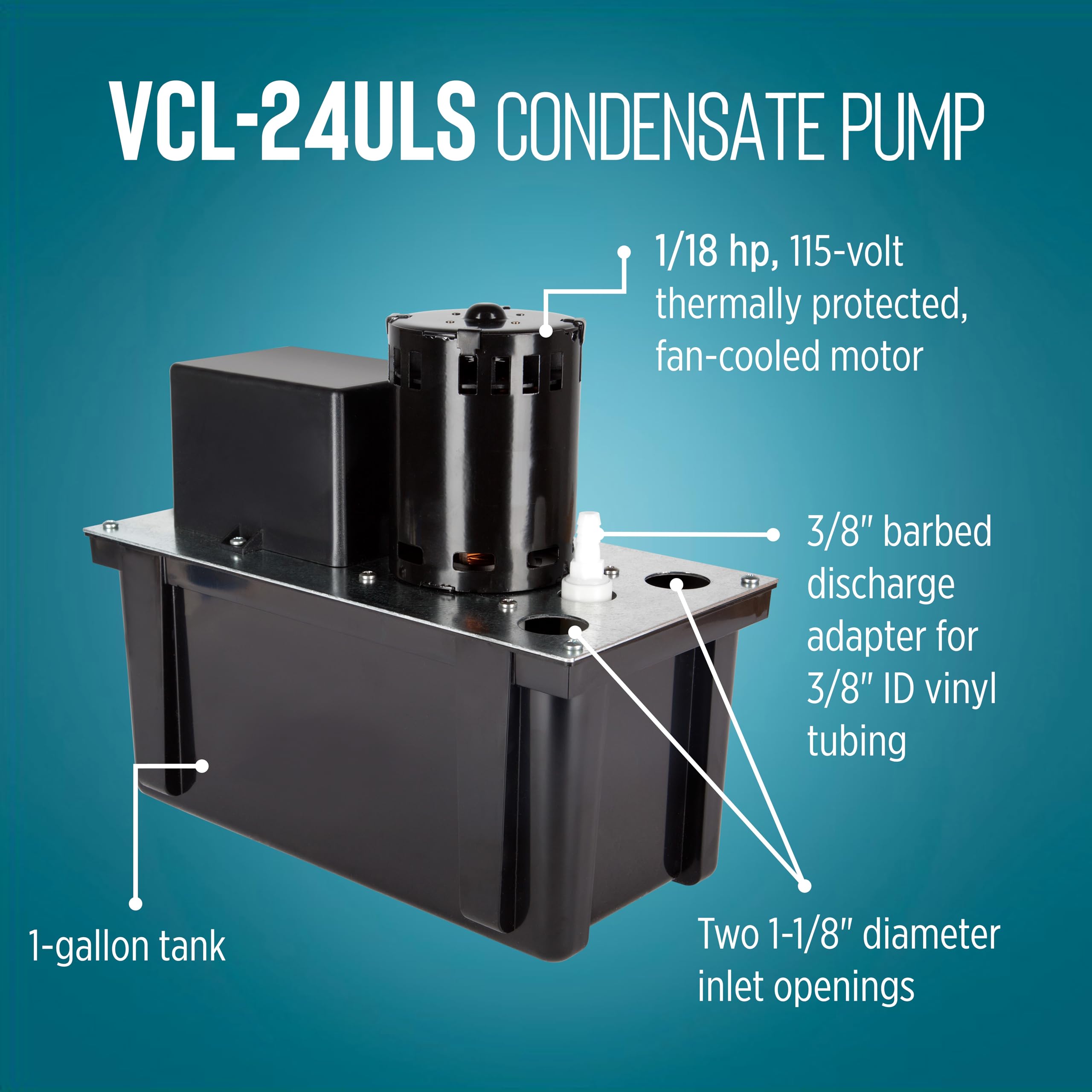 Little Giant VCL-24ULS 115V 1/18HP 270GPH Automatic Condensate Removal Pump with 1-Gallon Tank & Safety Switch - 6ft Cord Black (Model 553201) - Perfect for HVAC Systems, Dehumidifiers, and Water Removal Applications