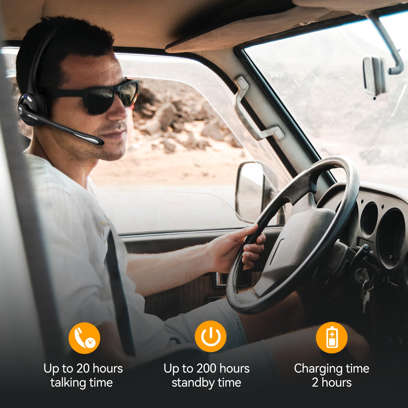 TECKNET Bluetooth Headset - Wireless On-Ear Headphones with Noise Cancelling Mic for Truckers | Hands-Free Headset with Mute Function for Phone Calls | Perfect for Long-Haul Driving, Office Work & Online Meetings