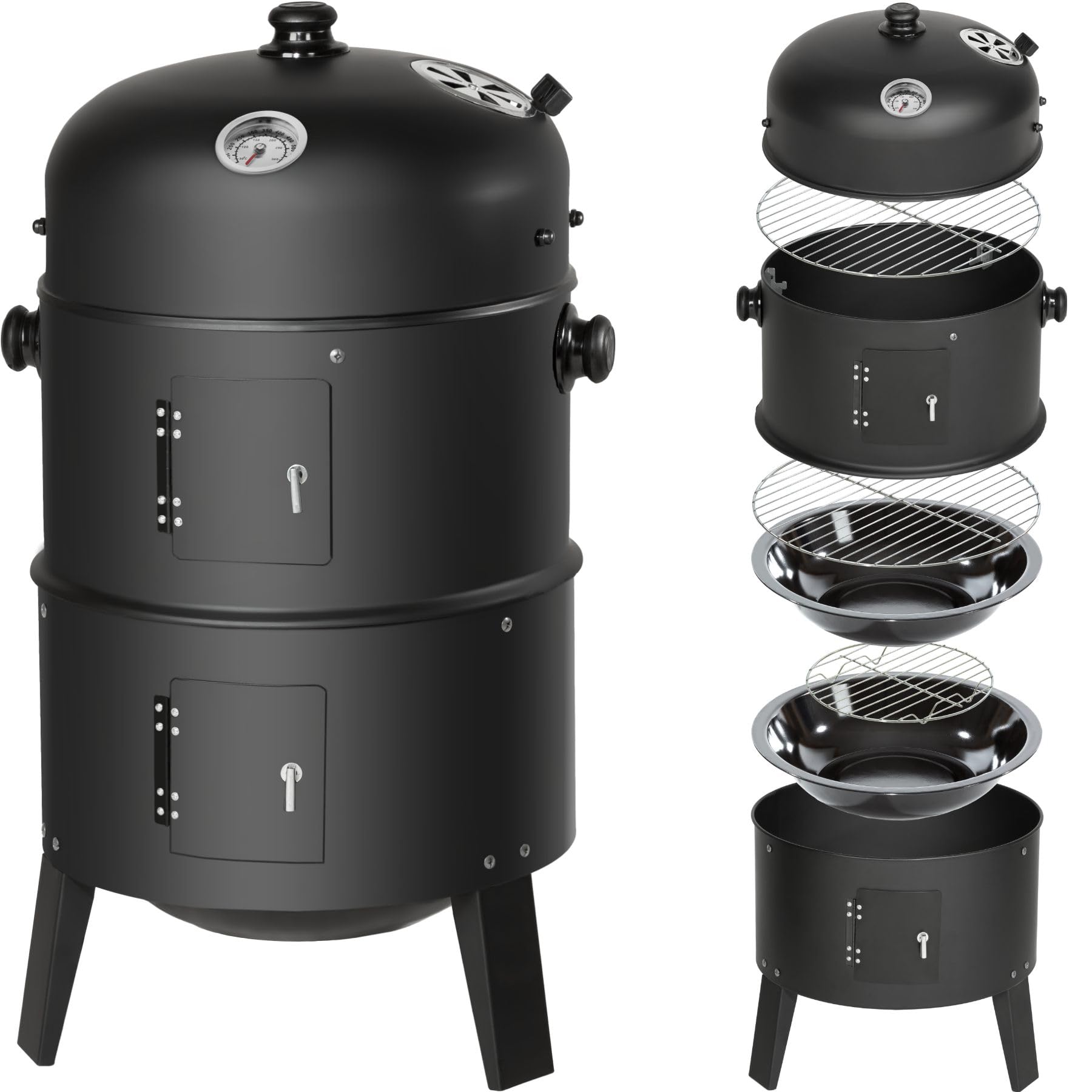 Tectake® XL 3-in-1 Charcoal BBQ Grill & Smoker - 3-Tier Outdoor Cooking with Wheels & Built-in Thermometer for Meat, Fish, and Steam Cooking | Perfect for Backyard, Camping, and Tailgating Parties