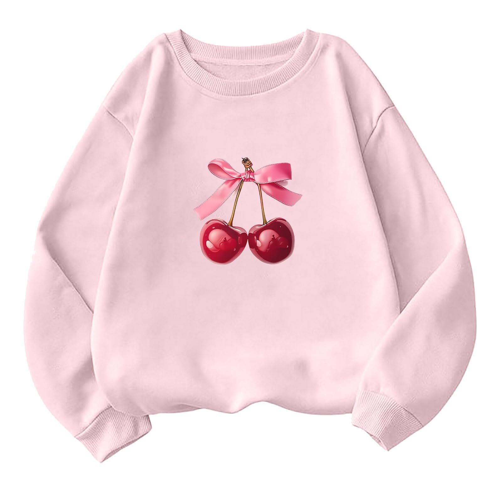 Women's Akklian Cute Cherry Bow Print Long Sleeve Kawaii Pullover - Oversized Loose Pink Sweatshirt for Teen Girls, Perfect for Casual Wear, School, and Weekend Outings
