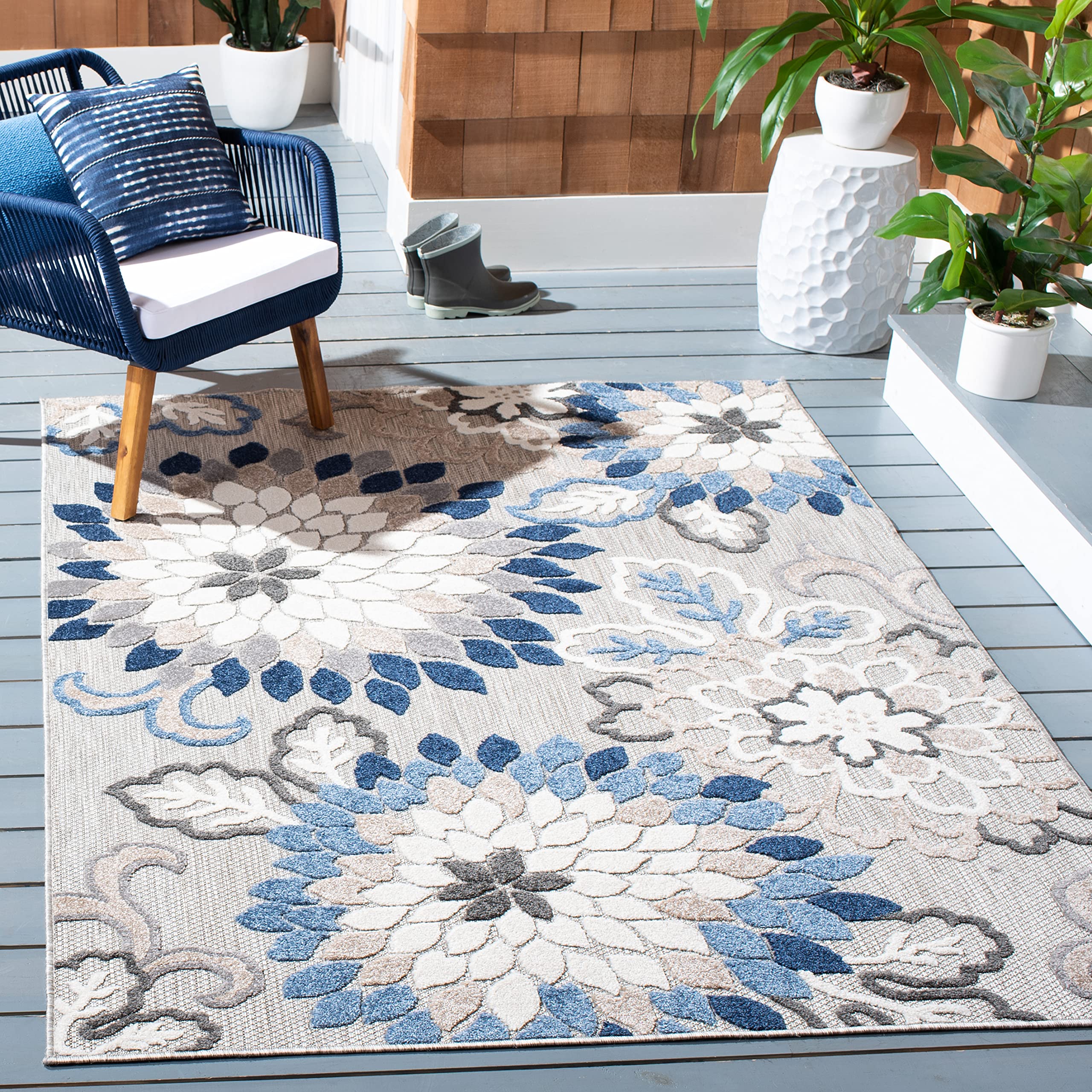 SAFAVIEH Cabana Collection 8' x 10' Grey & Blue Floral Indoor Outdoor Area Rug - Non-Shedding, Washable, Easy Care - Perfect for Patio, Backyard, Mudroom, Living Room & Bedroom (CBN391F)
