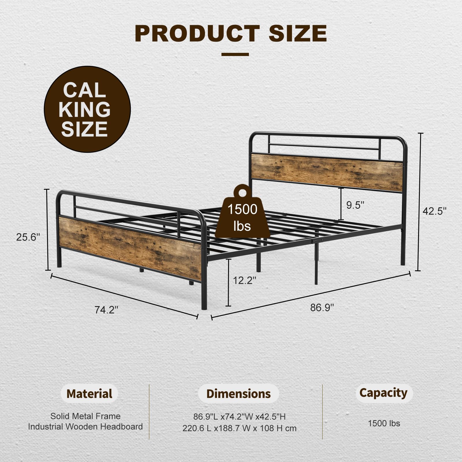 IKIFLY California King Bed Frame with Wood Headboard & Footboard - Farmhouse Style Metal Platform Bed with Heavy Duty Steel Slats, 12
